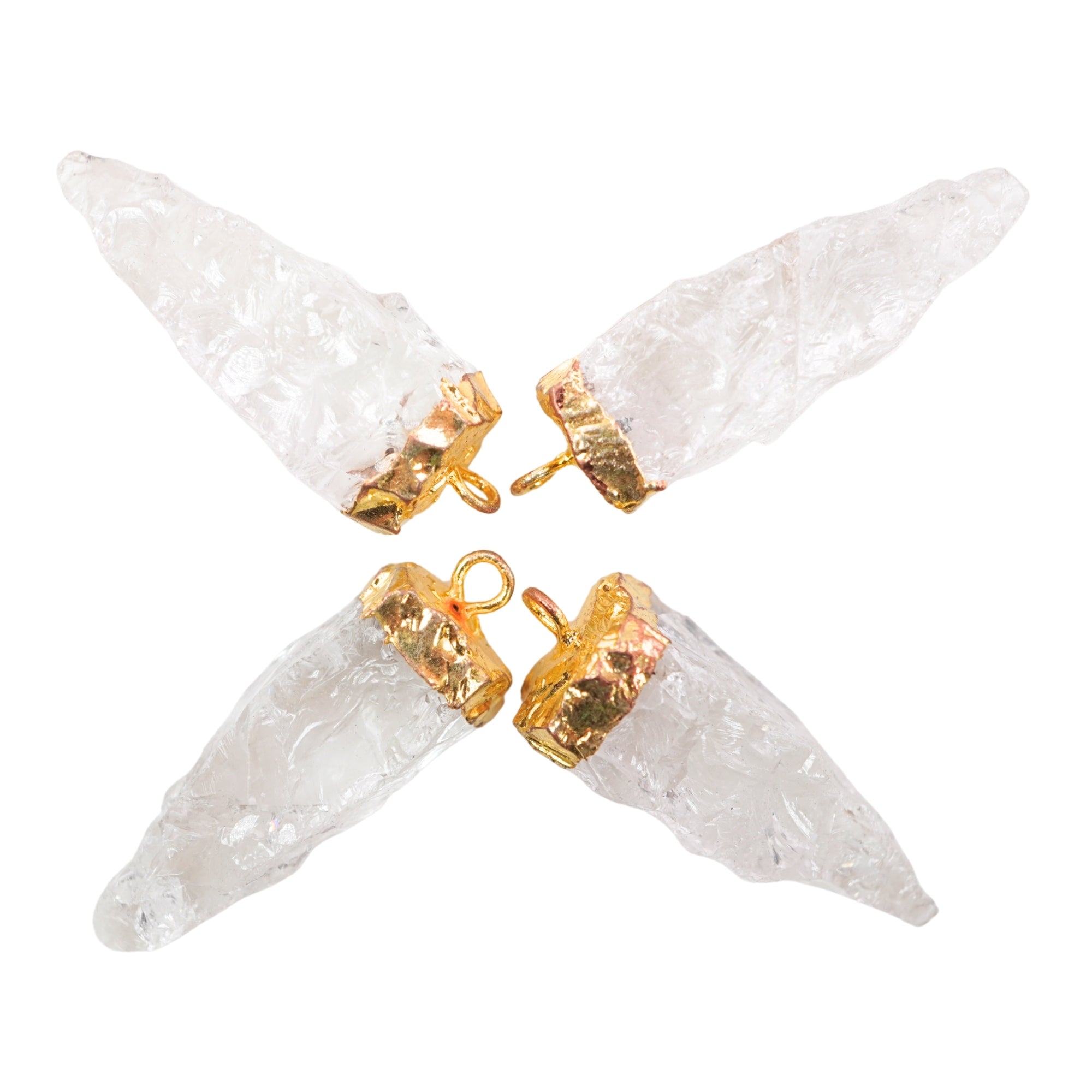 Crystal Quartz 4 Side Hand knapped Tooth Shape Gold Electroplated Charm Pendant