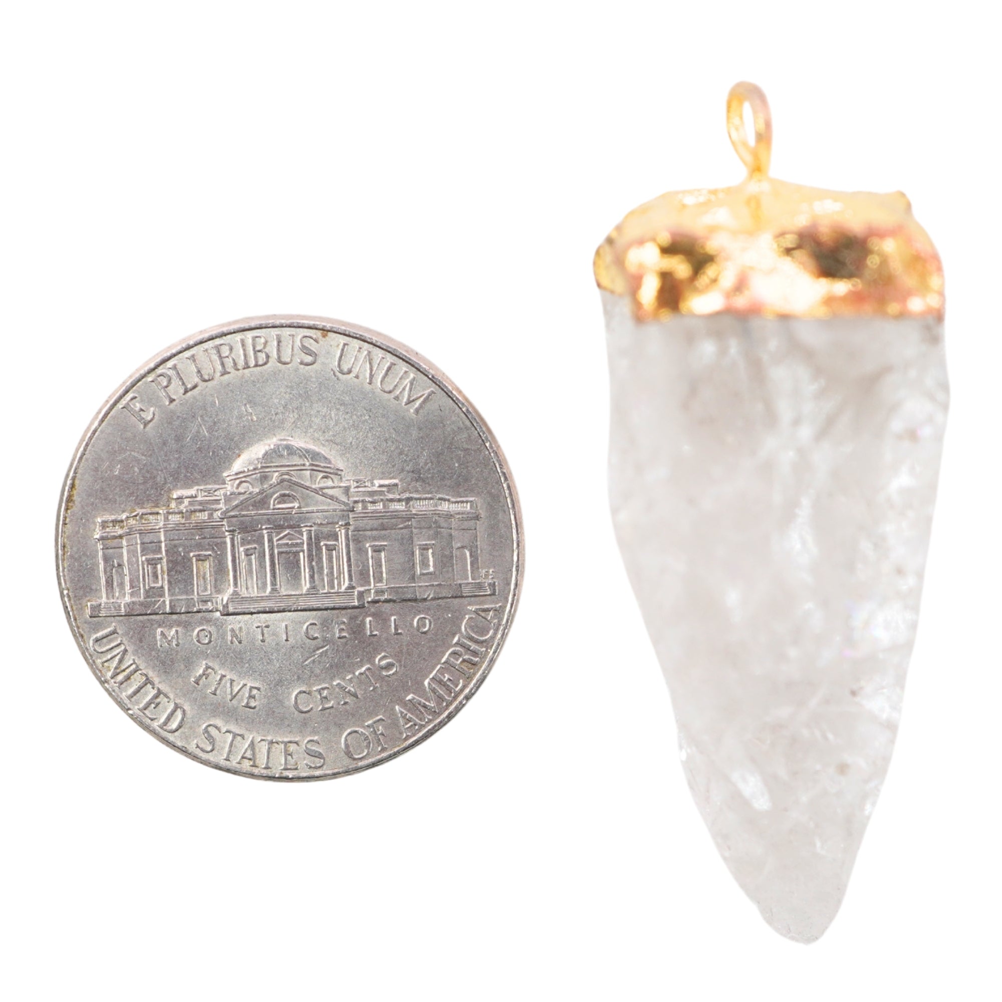 Crystal Quartz 4 Side Hand knapped Tooth Shape Gold Electroplated Charm Pendant