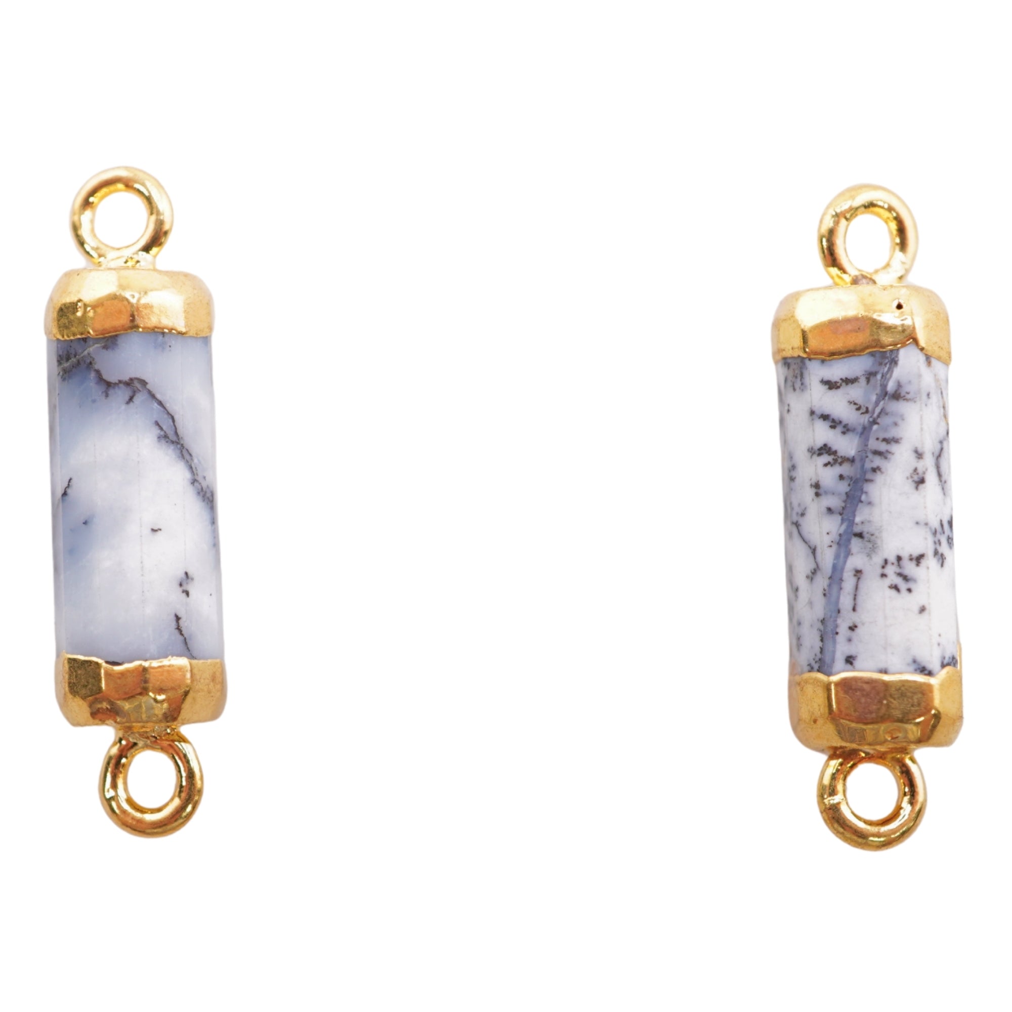 Dendrite Opal Barrel Shape Gemstone Gold Electroplated Charm Connector