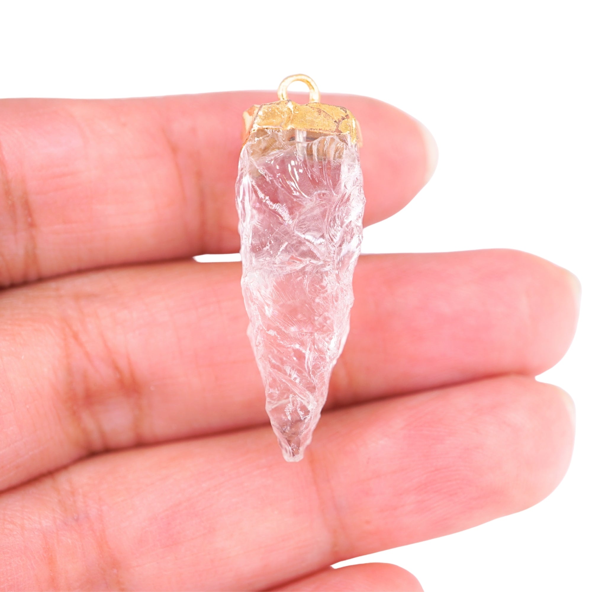 Crystal Quartz 4 Side Hand knapped Tooth Shape Gold Electroplated Charm Pendant