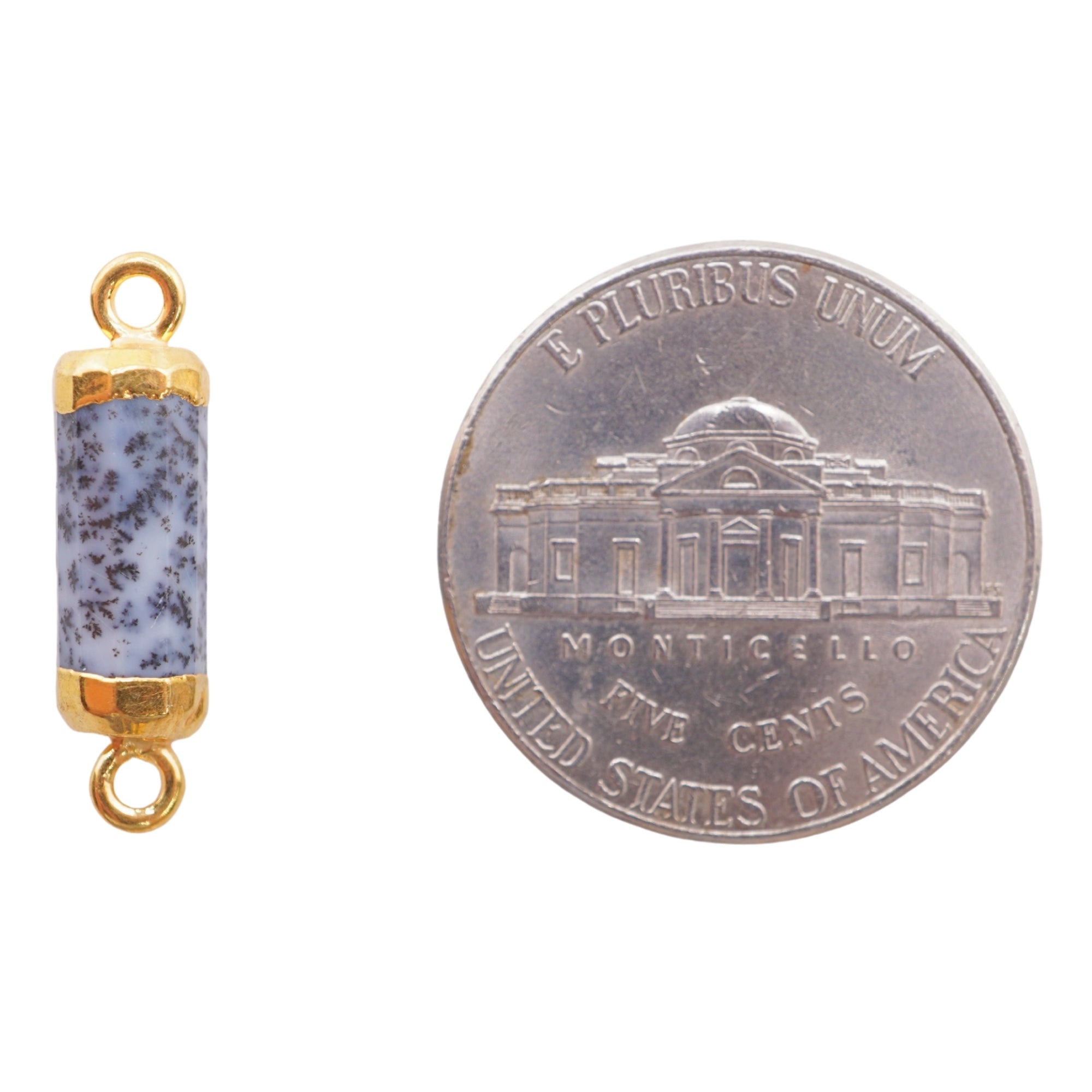 Dendrite Opal Barrel Shape Gemstone Gold Electroplated Charm Connector