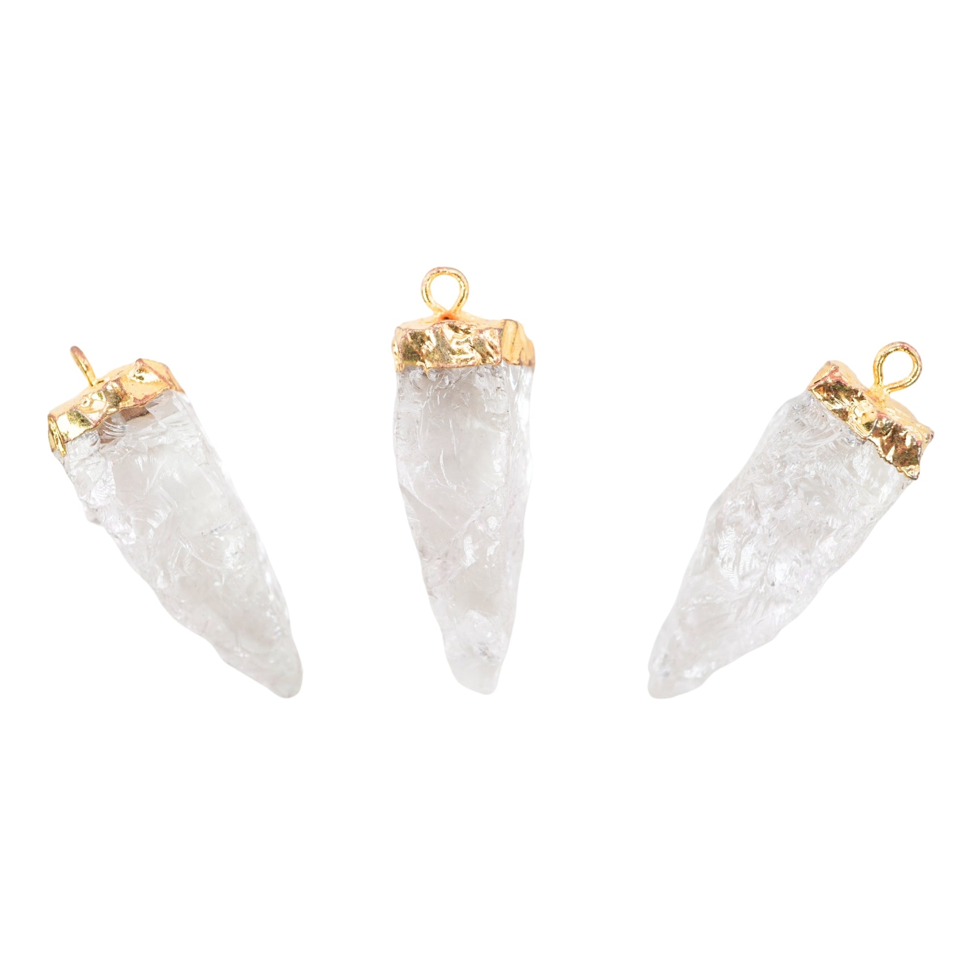Crystal Quartz 4 Side Hand knapped Tooth Shape Gold Electroplated Charm Pendant