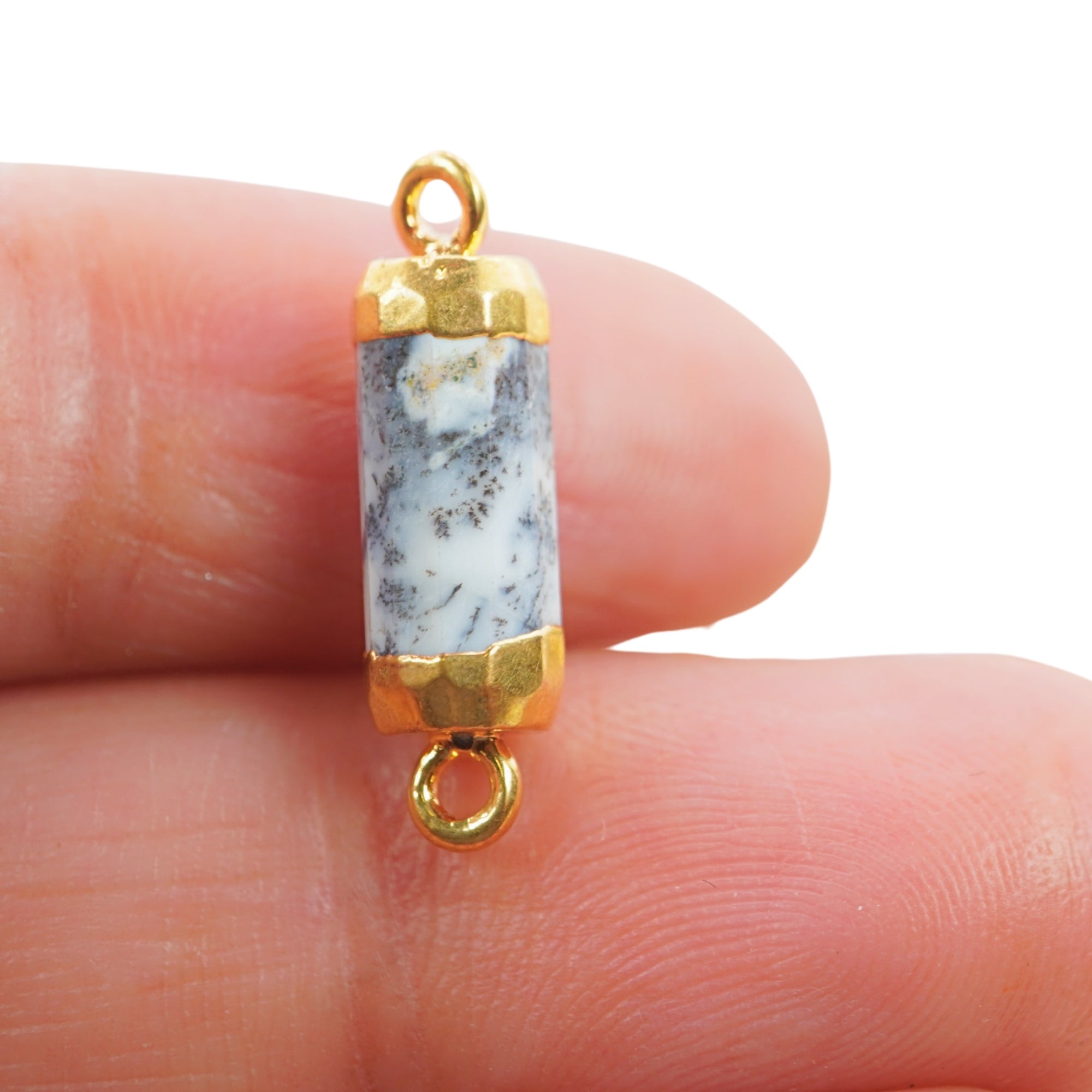 Dendrite Opal Barrel Shape Gemstone Gold Electroplated Charm Connector