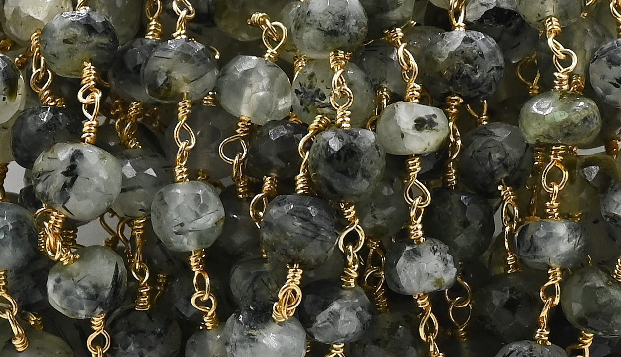 Prehnite Faceted Rondelle Brass Gold Plated Wire Wrapped Chain Sold by Foot