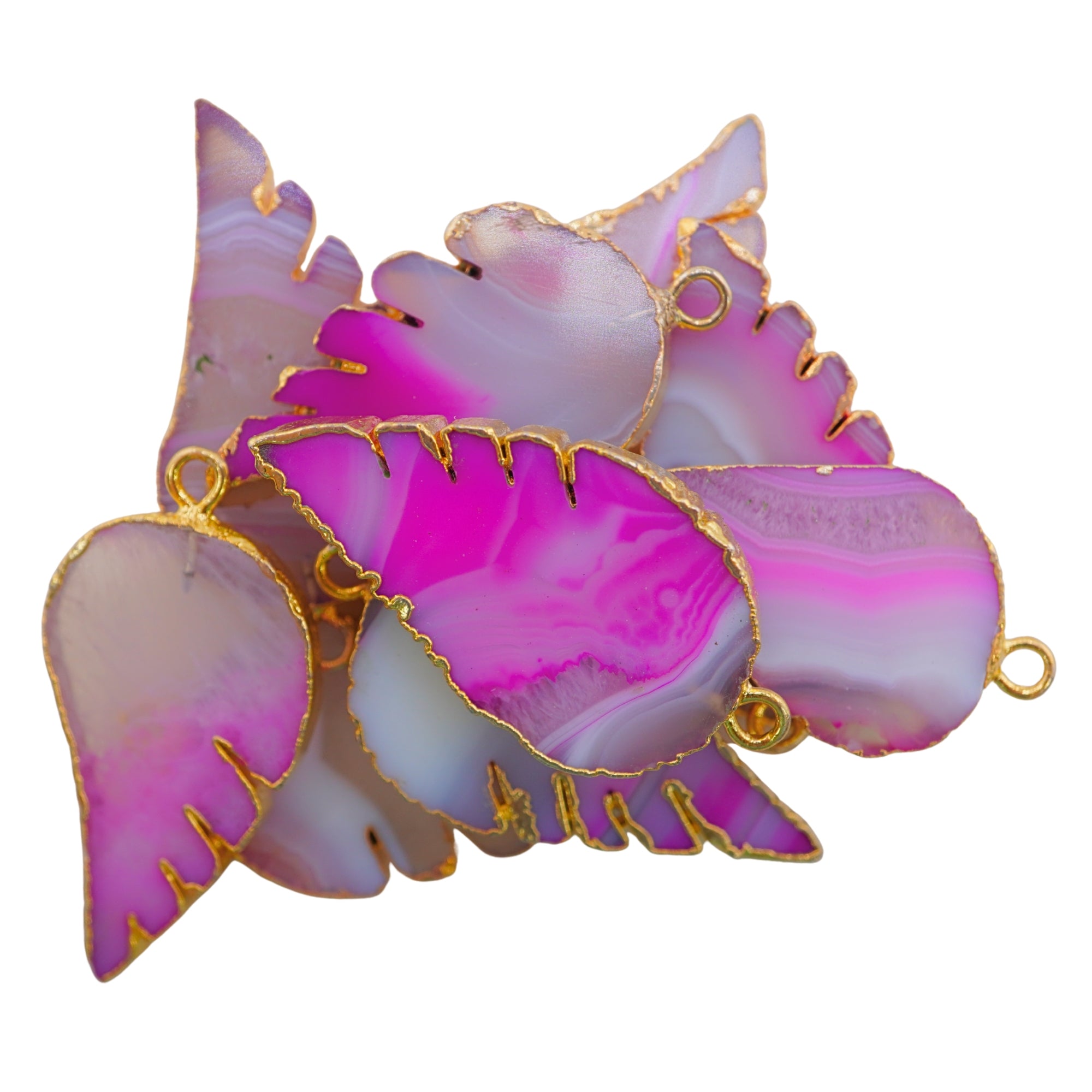 Pink Banded Agate Chalcedony Angel Wing Shape Gemstone Gold Electroplated Charm Pendant