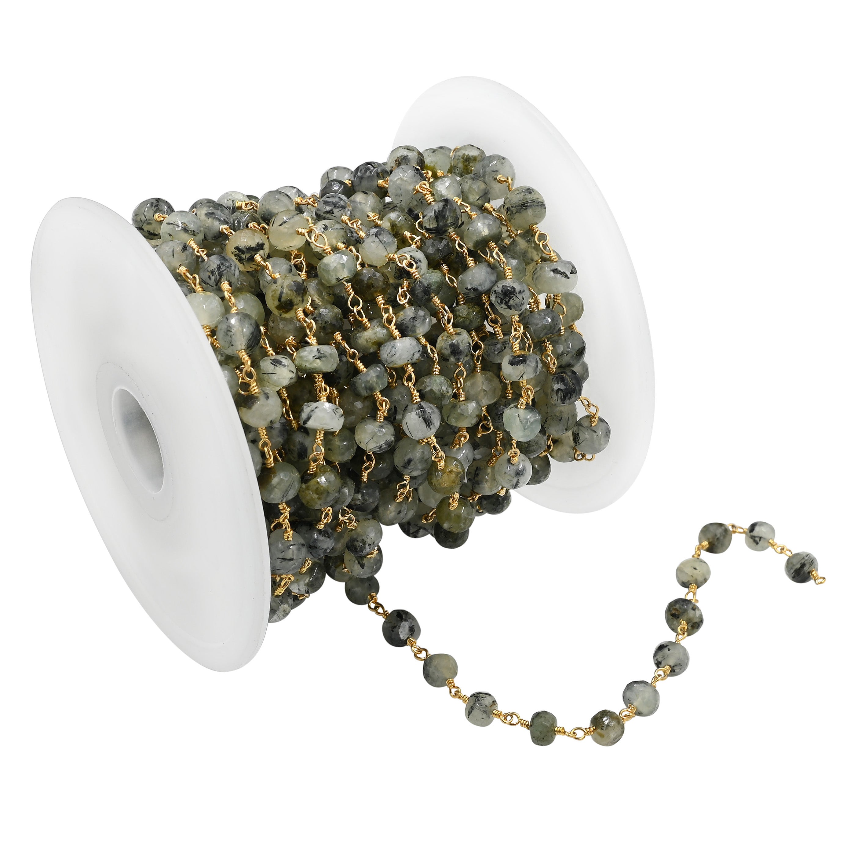 Prehnite Faceted Rondelle Brass Gold Plated Wire Wrapped Chain Sold by Foot