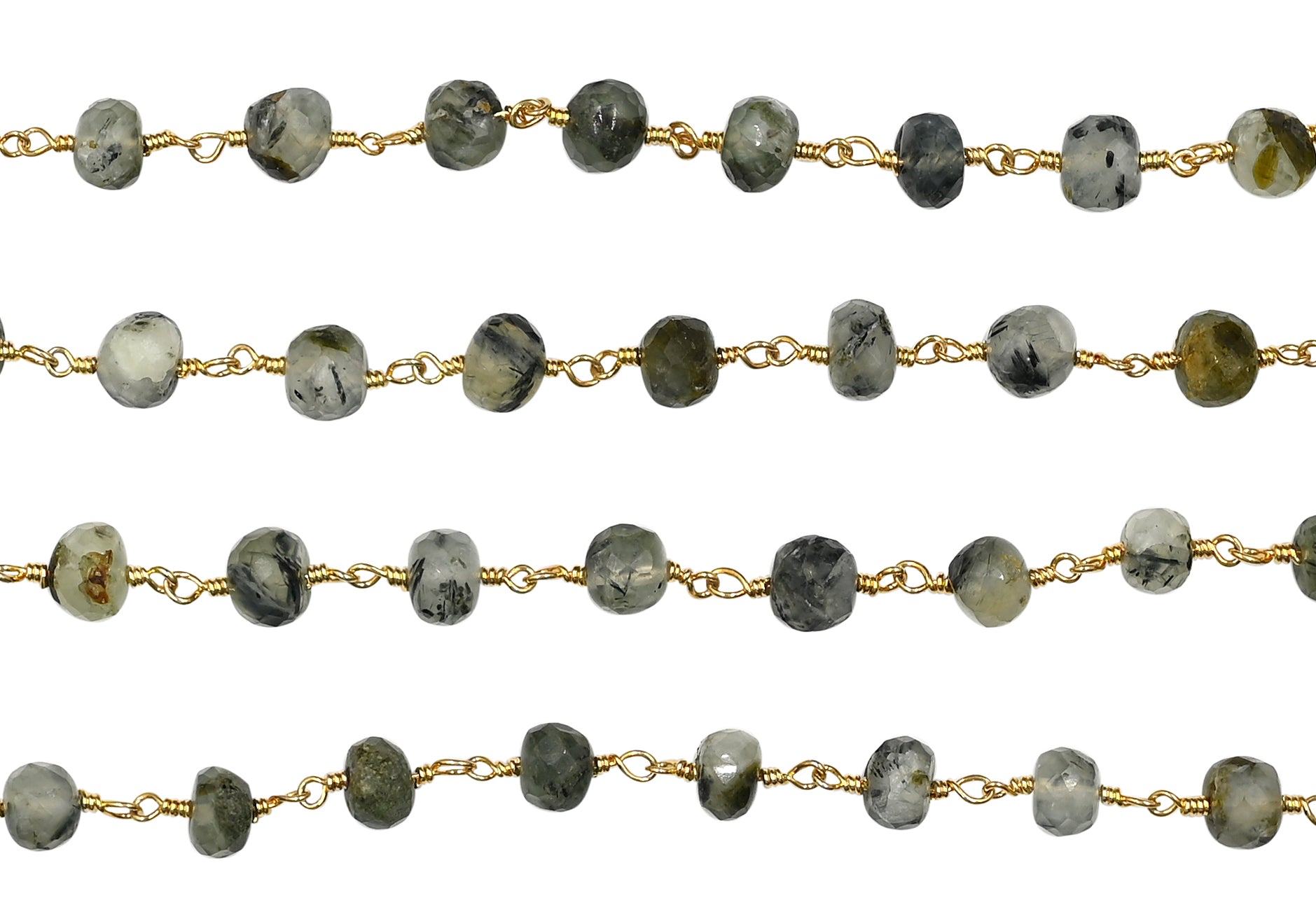 Prehnite Faceted Rondelle Brass Gold Plated Wire Wrapped Chain Sold by Foot