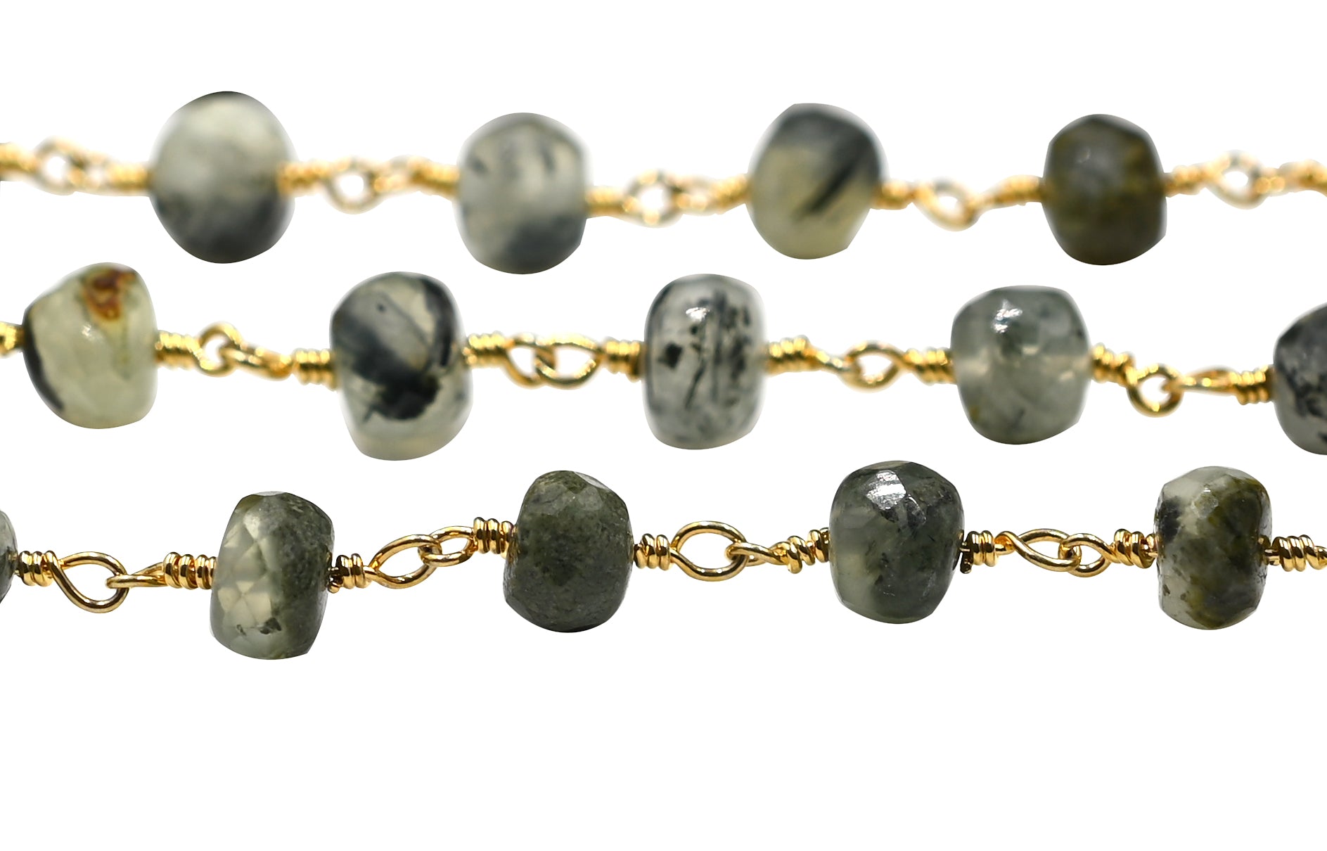 Prehnite Faceted Rondelle Brass Gold Plated Wire Wrapped Chain Sold by Foot