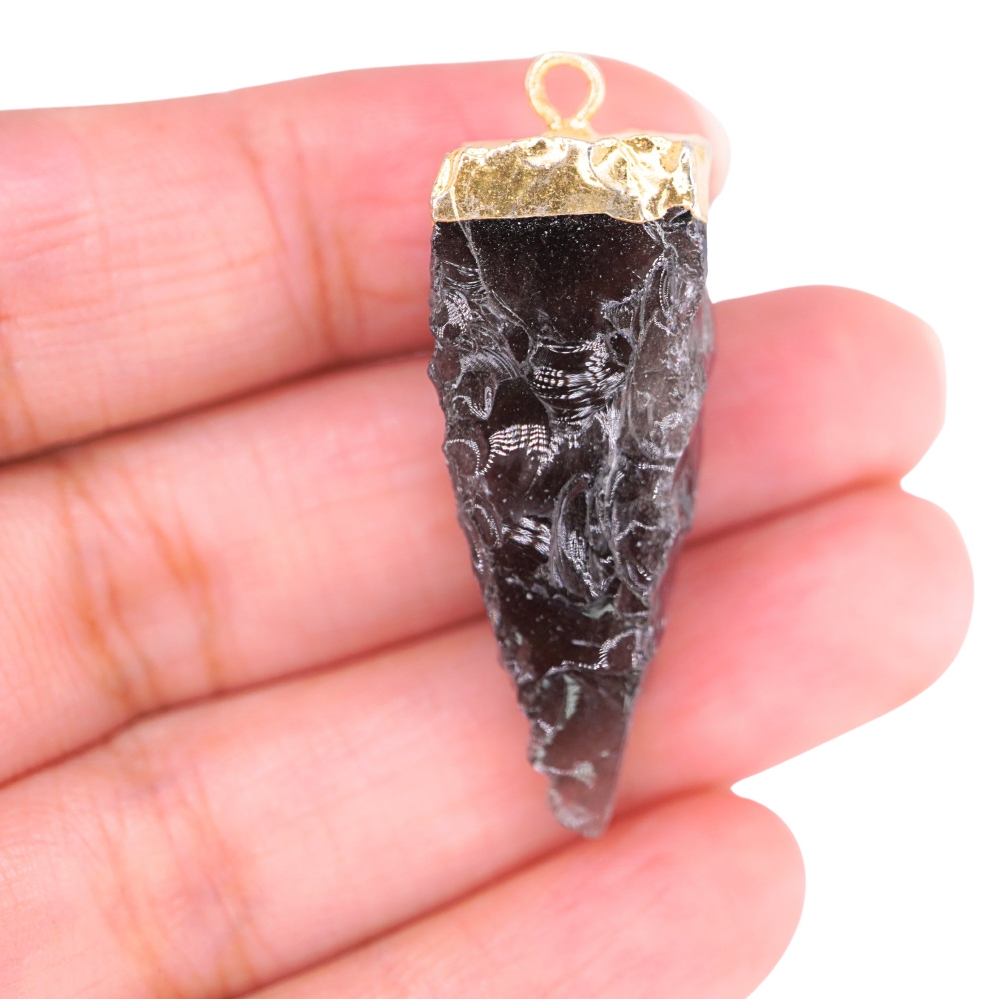 Black Obsidian Tooth Shape Gemstone Gold Electroplated Charm Pendant