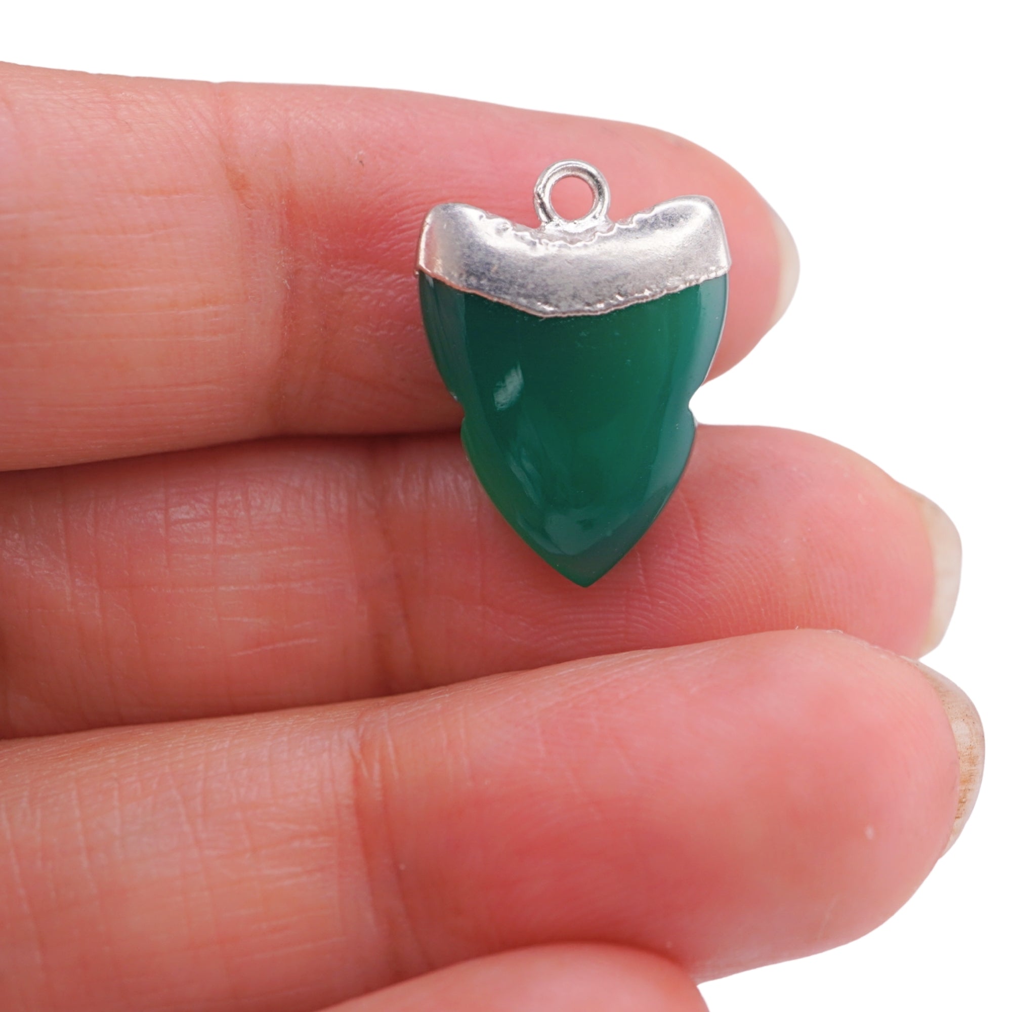Green Onyx Shark Tooth Shape Gemstone Silver Electroplated Charm Pendant
