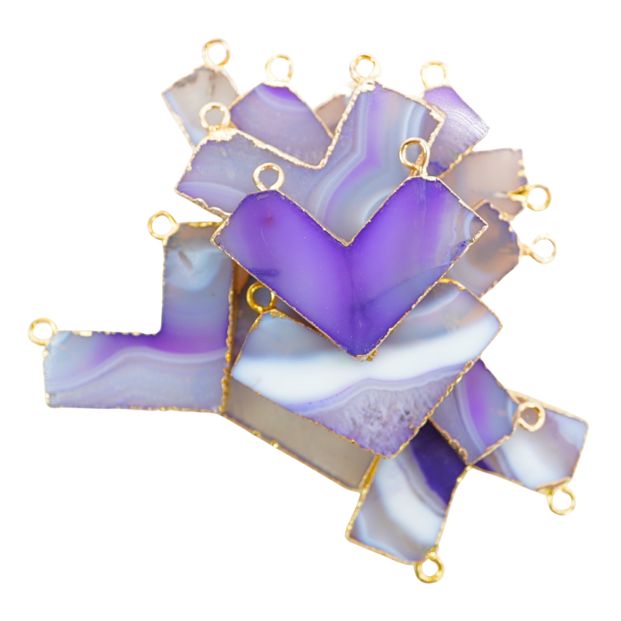 Purple Banded Agate Chevron Shape Gemstone Gold Electroplated Charm Pendant