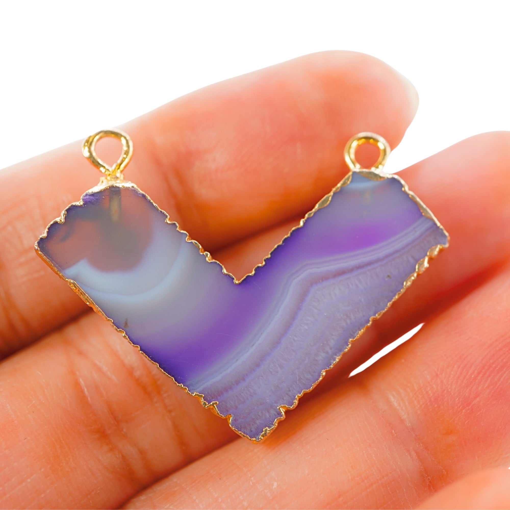 Purple Banded Agate Chevron Shape Gemstone Gold Electroplated Charm Pendant