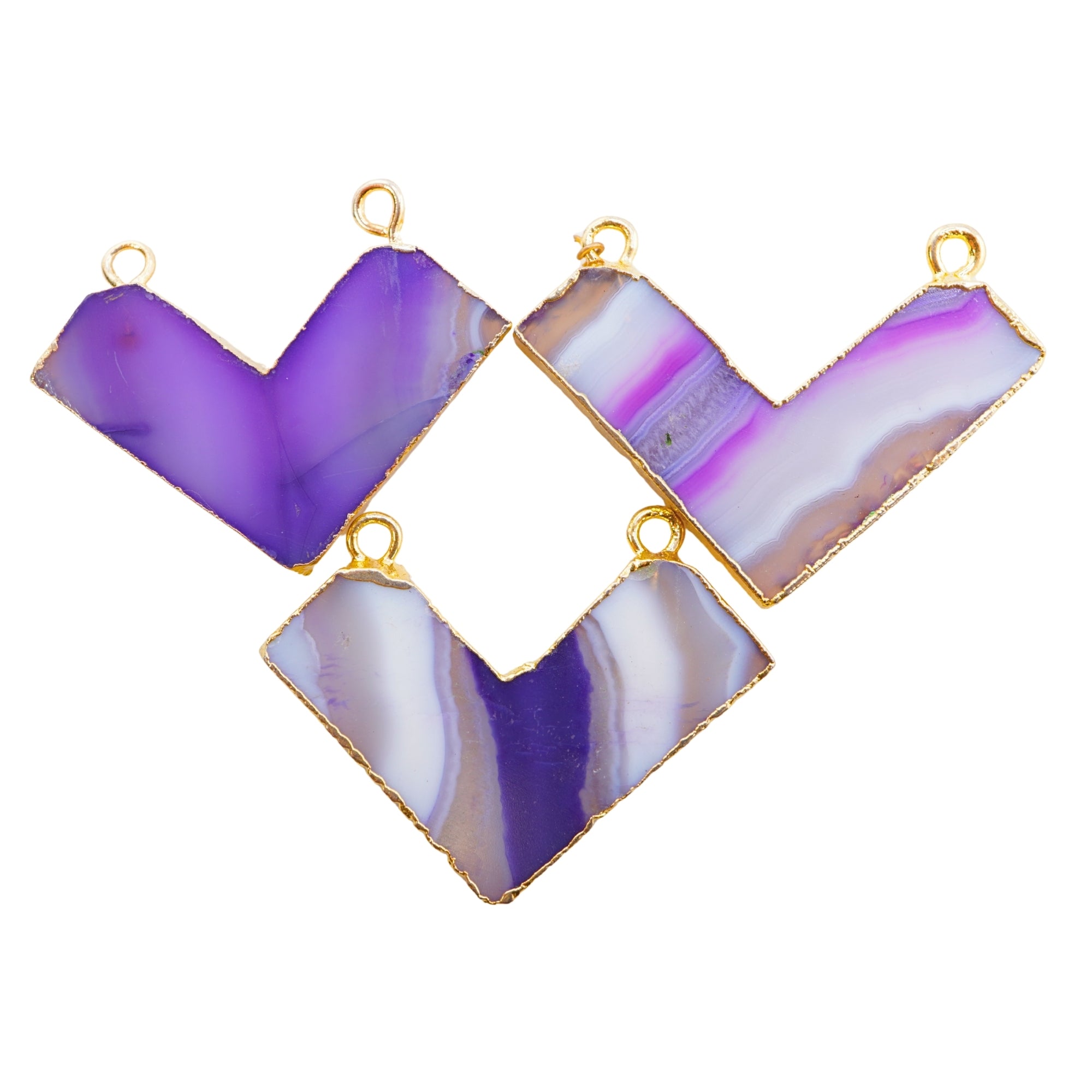 Purple Banded Agate Chevron Shape Gemstone Gold Electroplated Charm Pendant