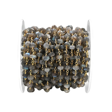 Labradorite Faceted Rondelle Brass Gold Plated Wire Wrapped Chain Sold by Foot