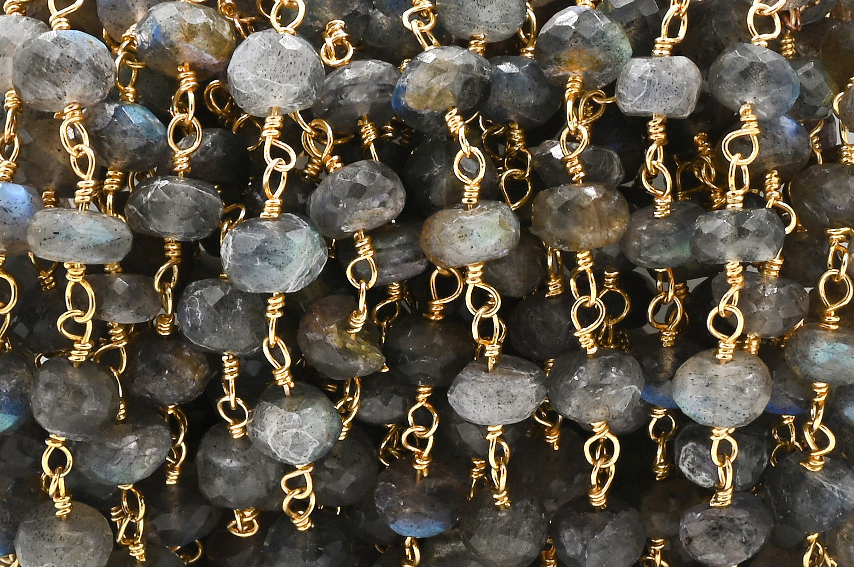 Labradorite Faceted Rondelle Brass Gold Plated Wire Wrapped Chain Sold by Foot