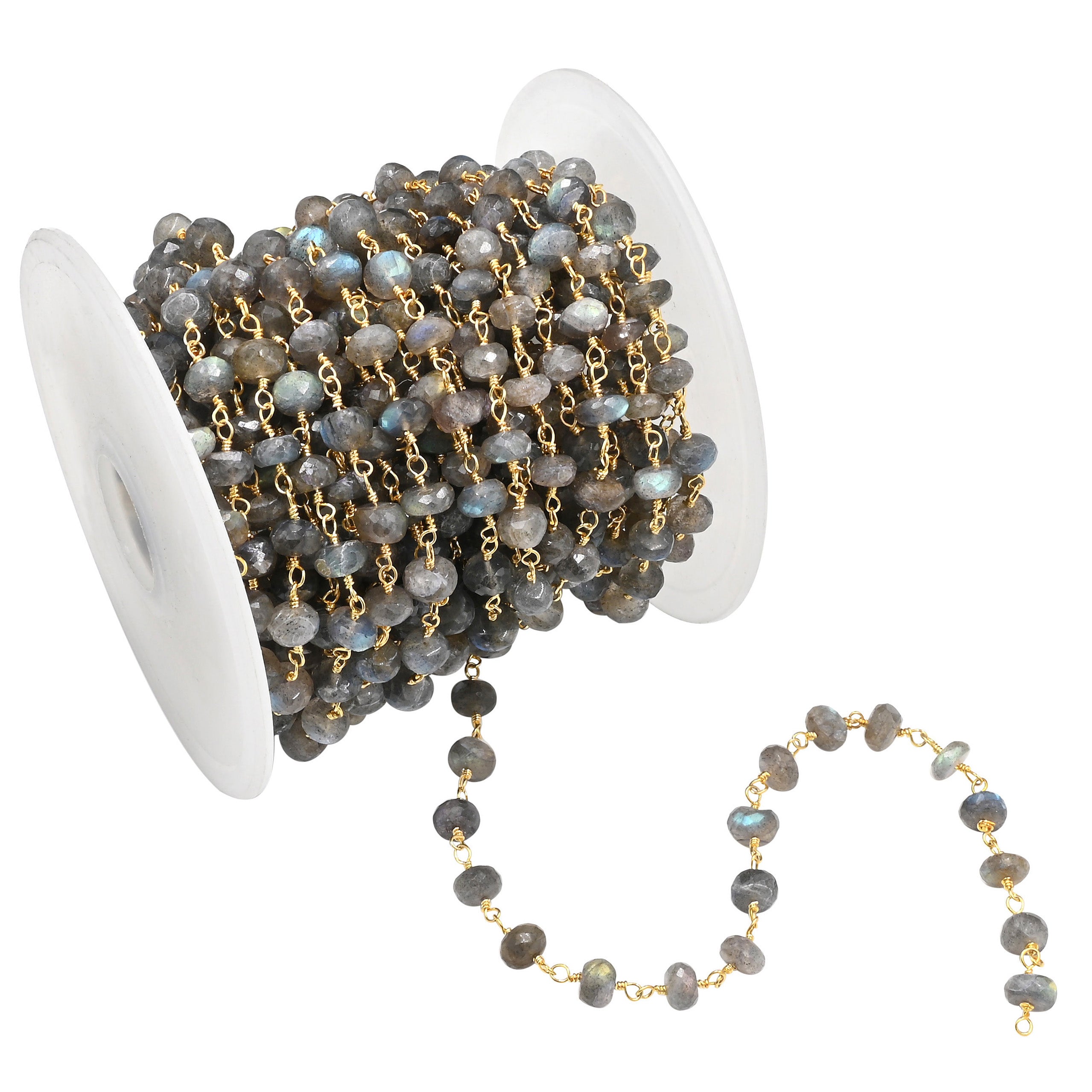Labradorite Faceted Rondelle Brass Gold Plated Wire Wrapped Chain Sold by Foot