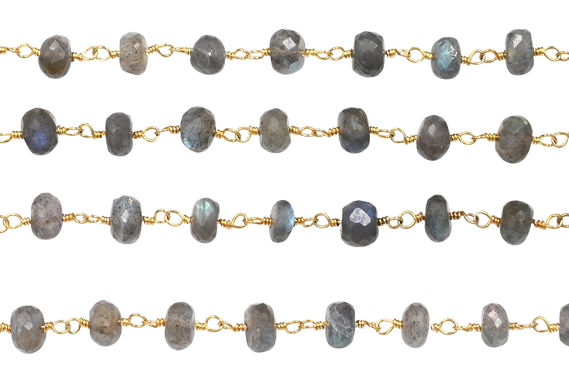 Labradorite Faceted Rondelle Brass Gold Plated Wire Wrapped Chain Sold by Foot