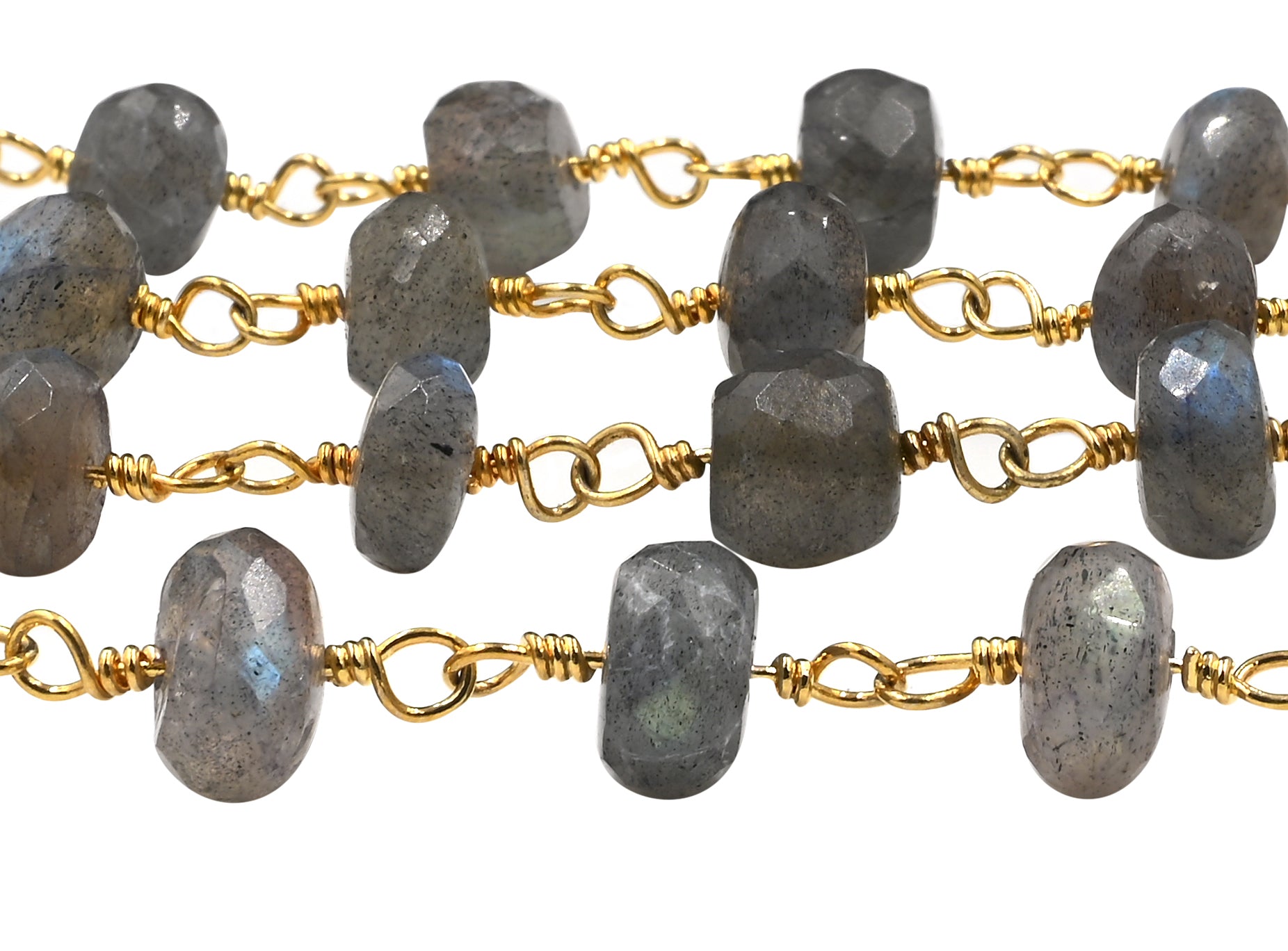 Labradorite Faceted Rondelle Brass Gold Plated Wire Wrapped Chain Sold by Foot