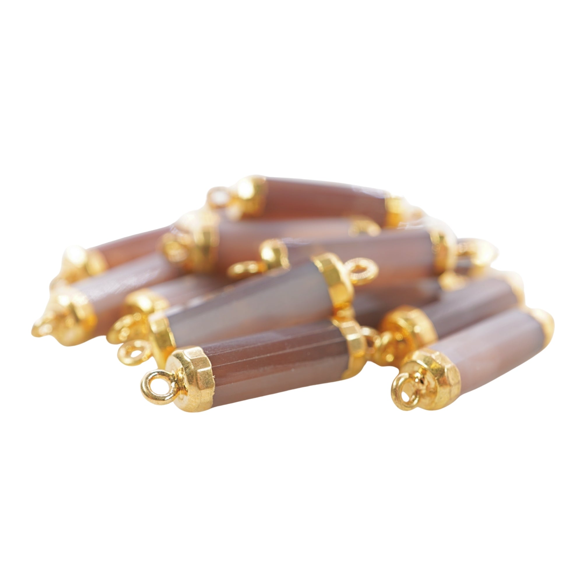 Brown Moonstone Barrel Shape Gemstone Gold Electroplated Charm Connector