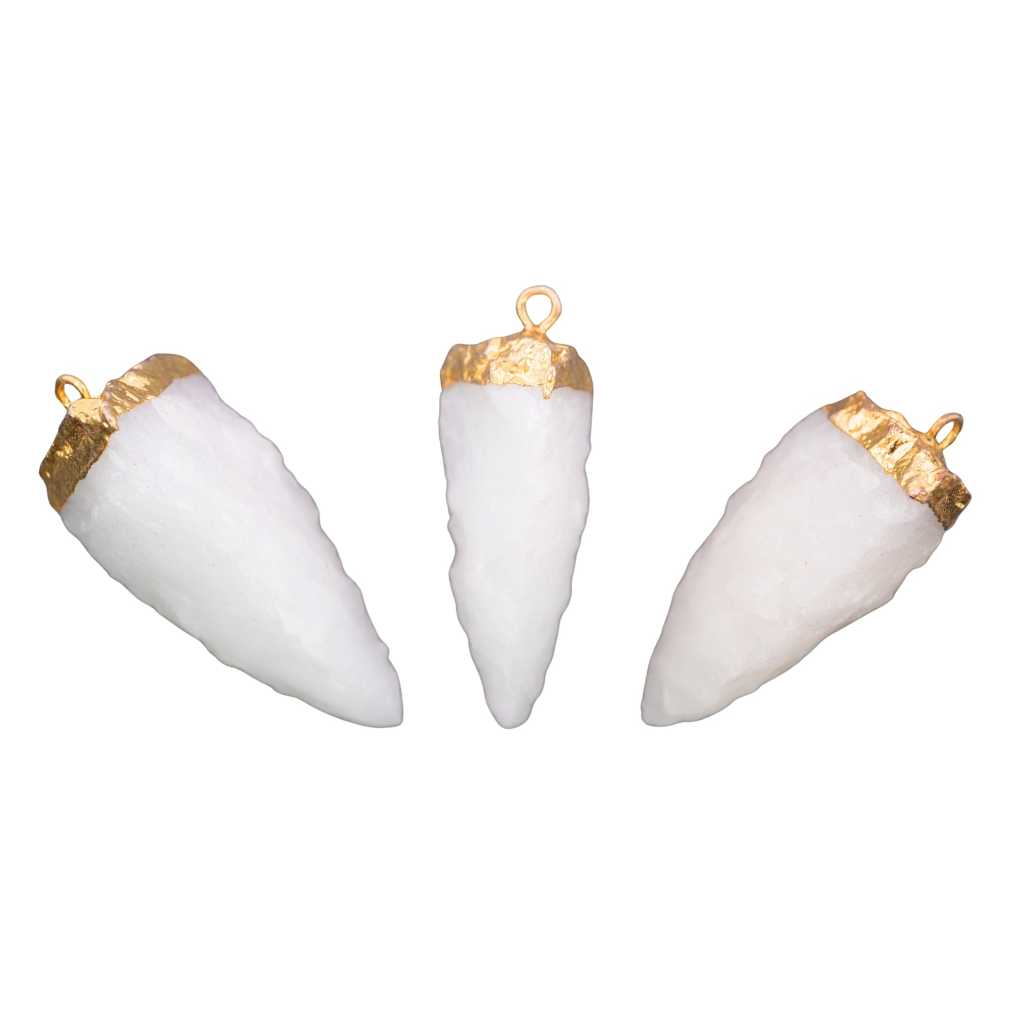 White Aventurine 3 Side Hand Knapped Tooth Shape Gemstone Gold Electroplated Charm Pendant
