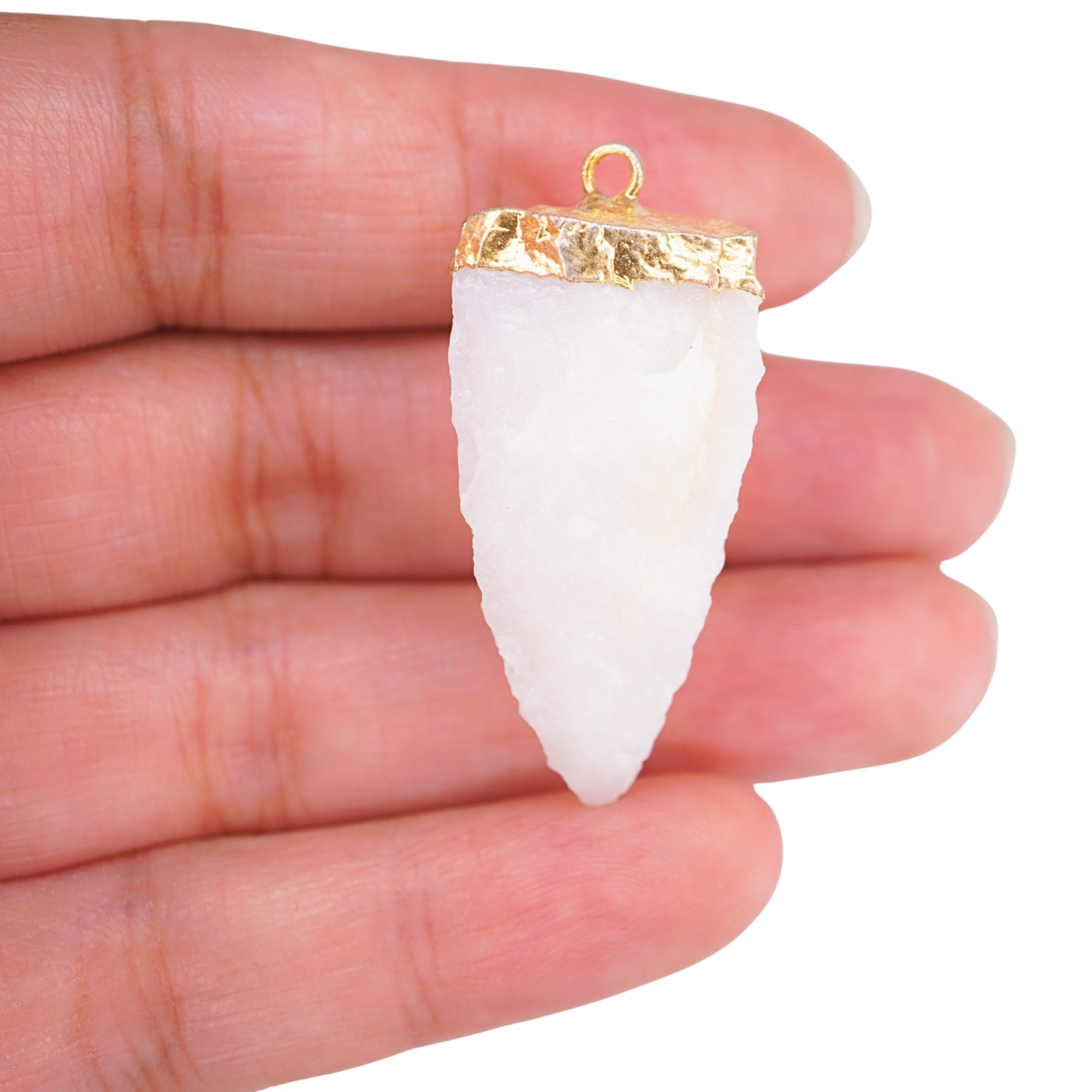 White Aventurine 3 Side Hand Knapped Tooth Shape Gemstone Gold Electroplated Charm Pendant