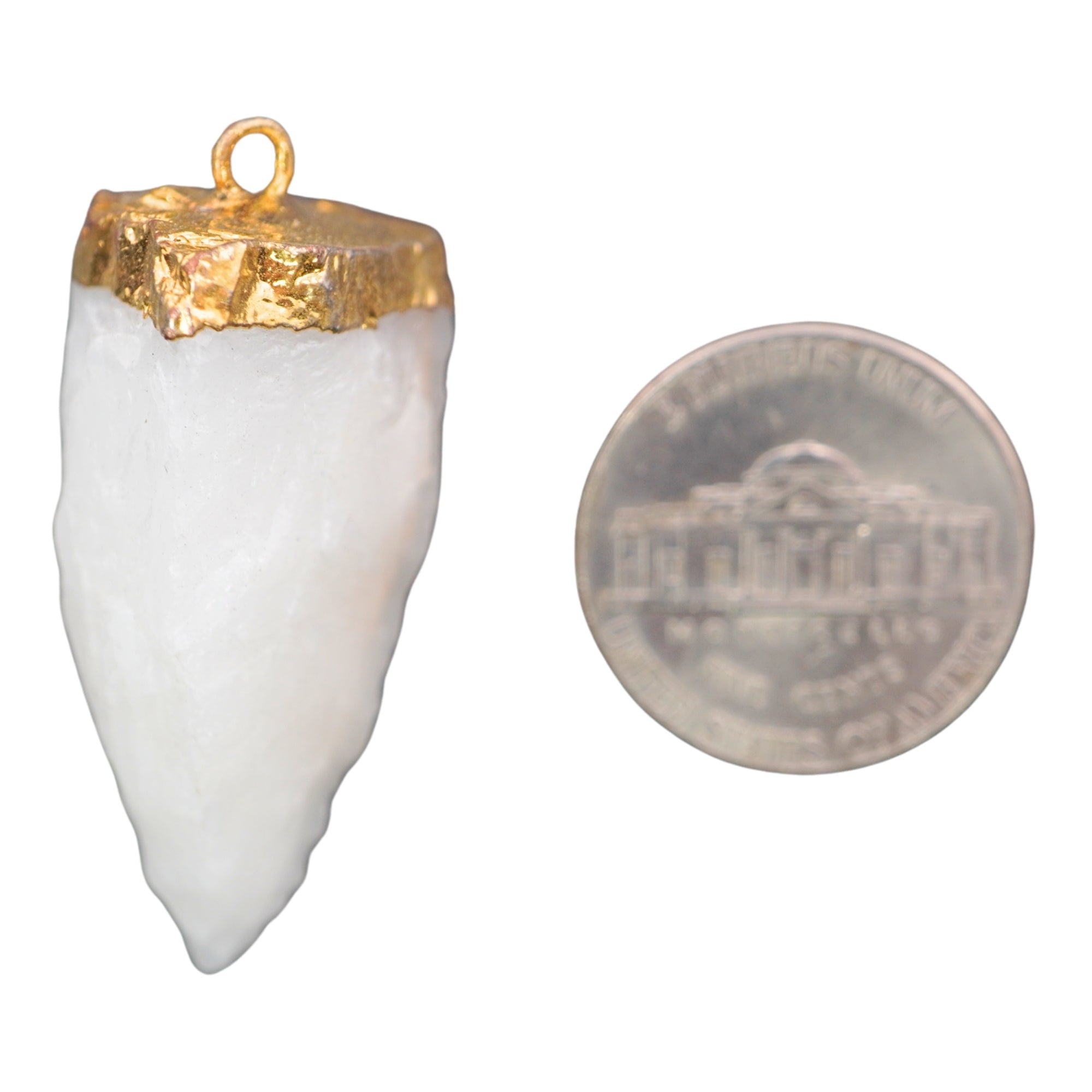 White Aventurine 3 Side Hand Knapped Tooth Shape Gemstone Gold Electroplated Charm Pendant
