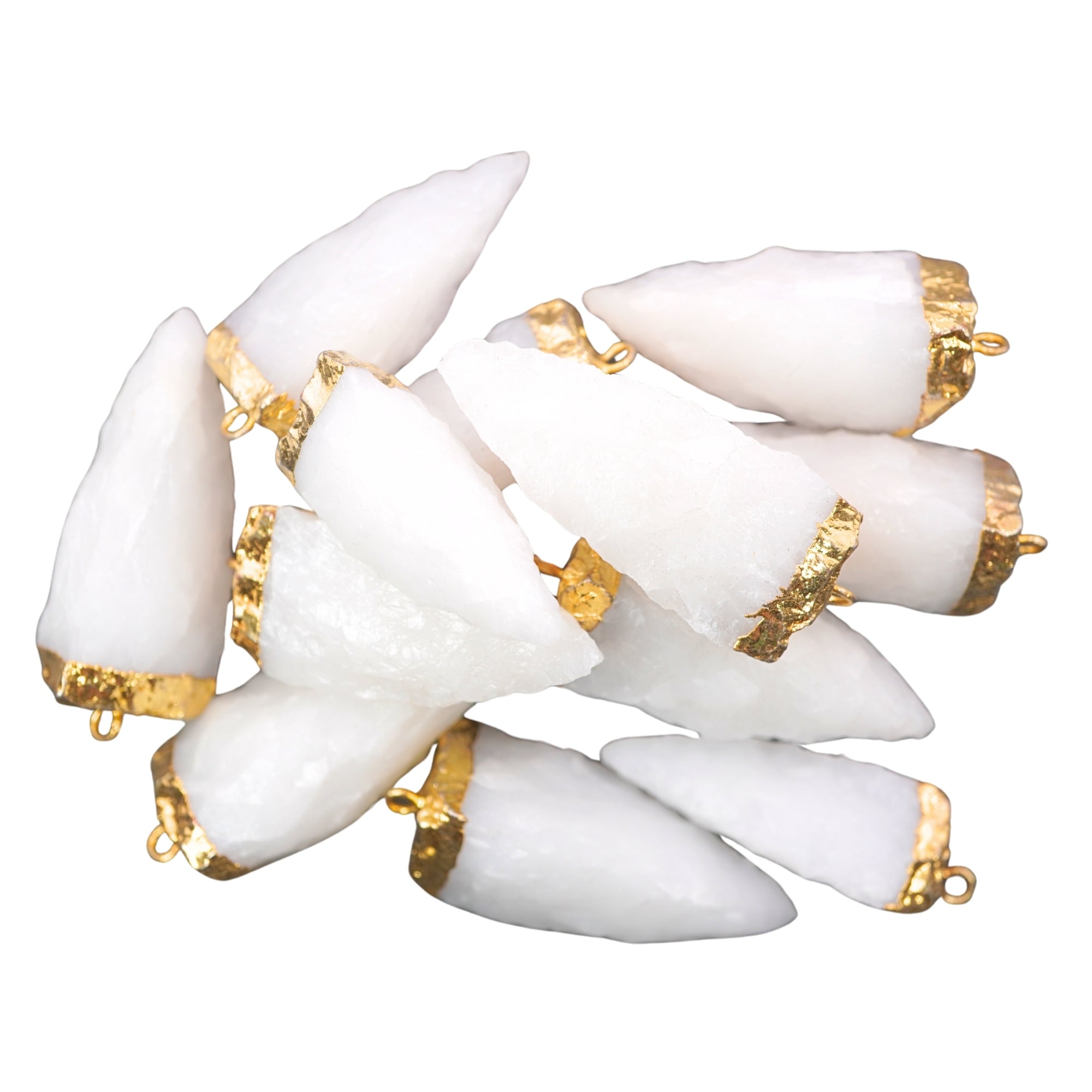 White Aventurine 3 Side Hand Knapped Tooth Shape Gemstone Gold Electroplated Charm Pendant