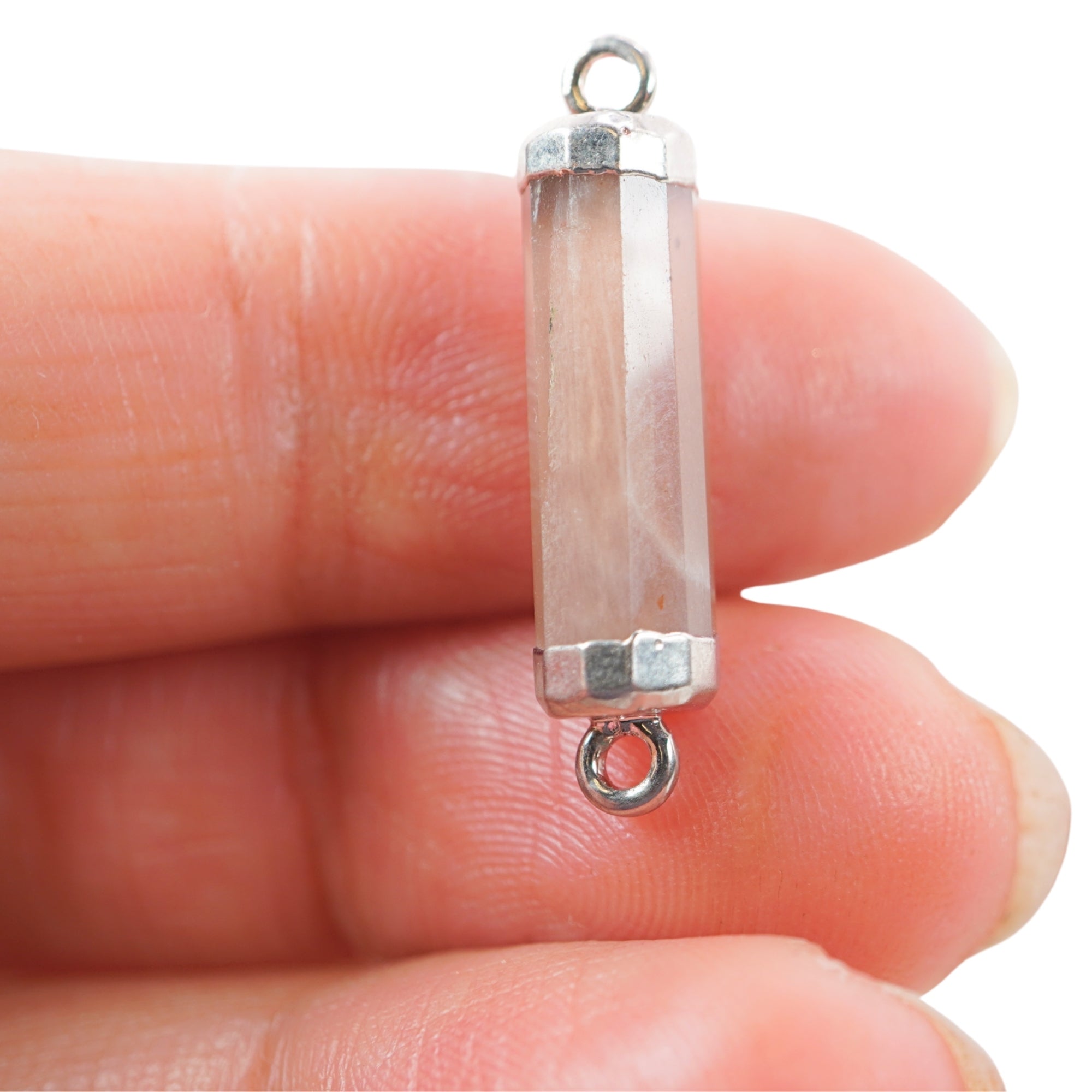 Chocolate Moonstone Barrel Shape Gemstone Rhodium Electroplated Charm Connector