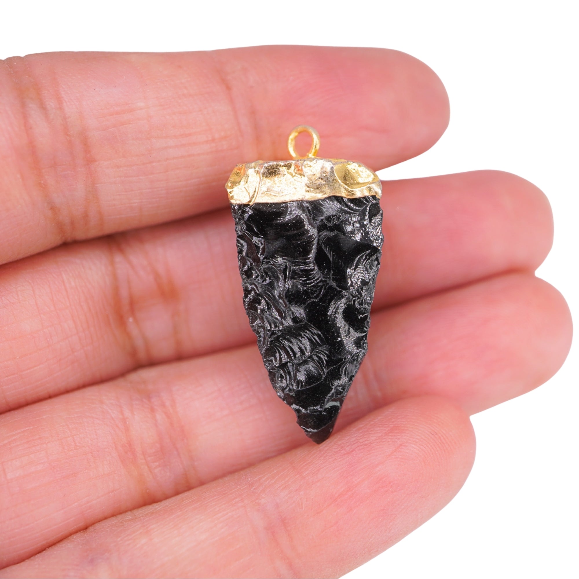Black Obsidian Tooth Shape Gemstone Gold Electroplated Charm Pendant