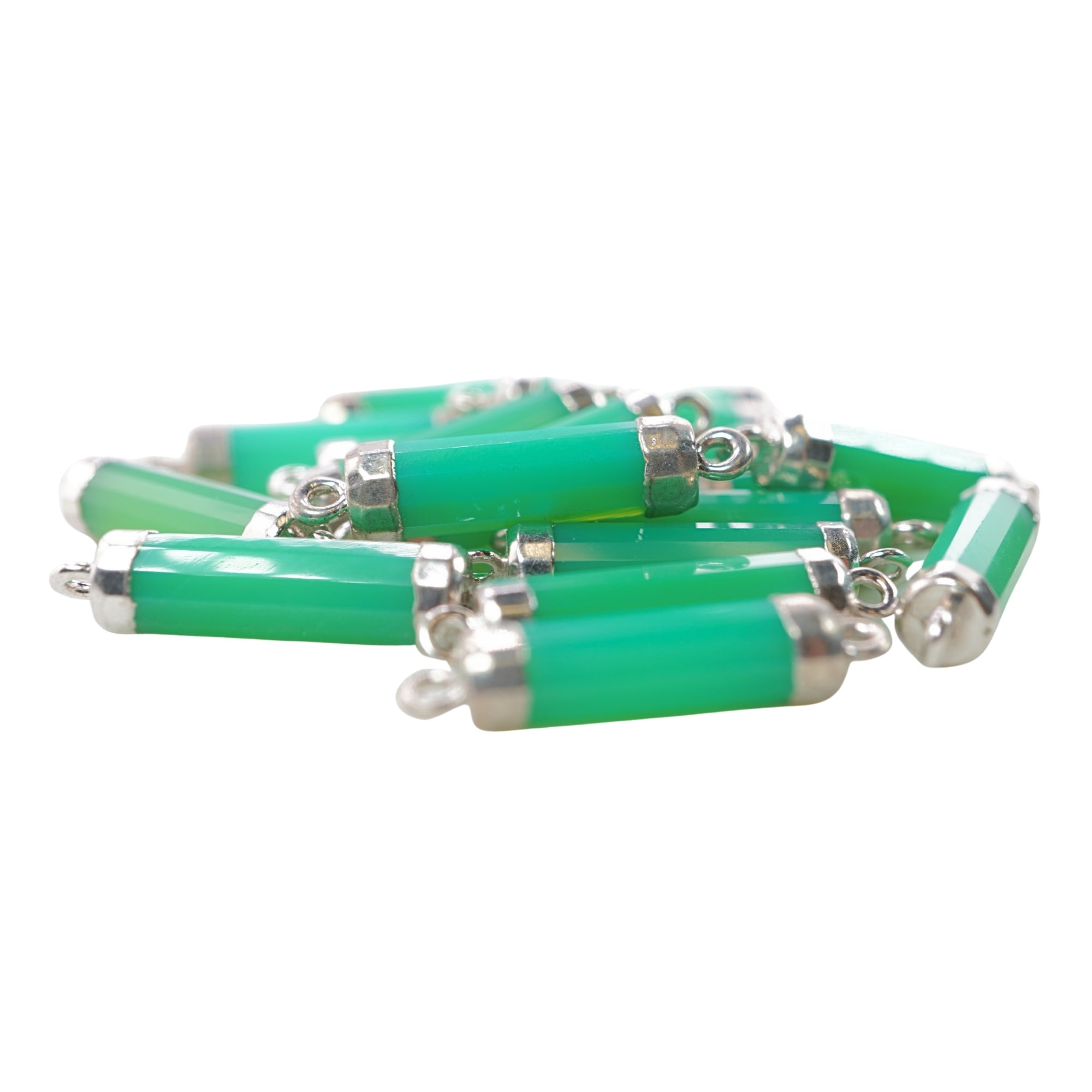 Chrysoprase Chalcedony Gemstone Barrel Shape Rhodium Electroplated Charm Connector