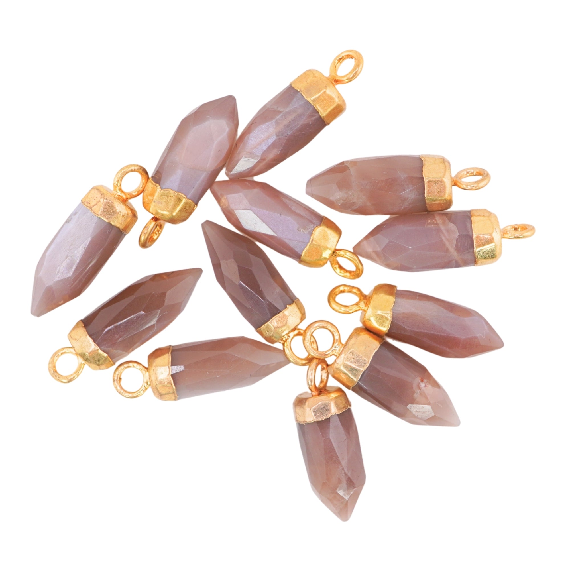 Brown Chocolate Moonstone Bullet Shape 13 x 5 MM Gold Electroplated Pendant (Set Of 2 Pcs)