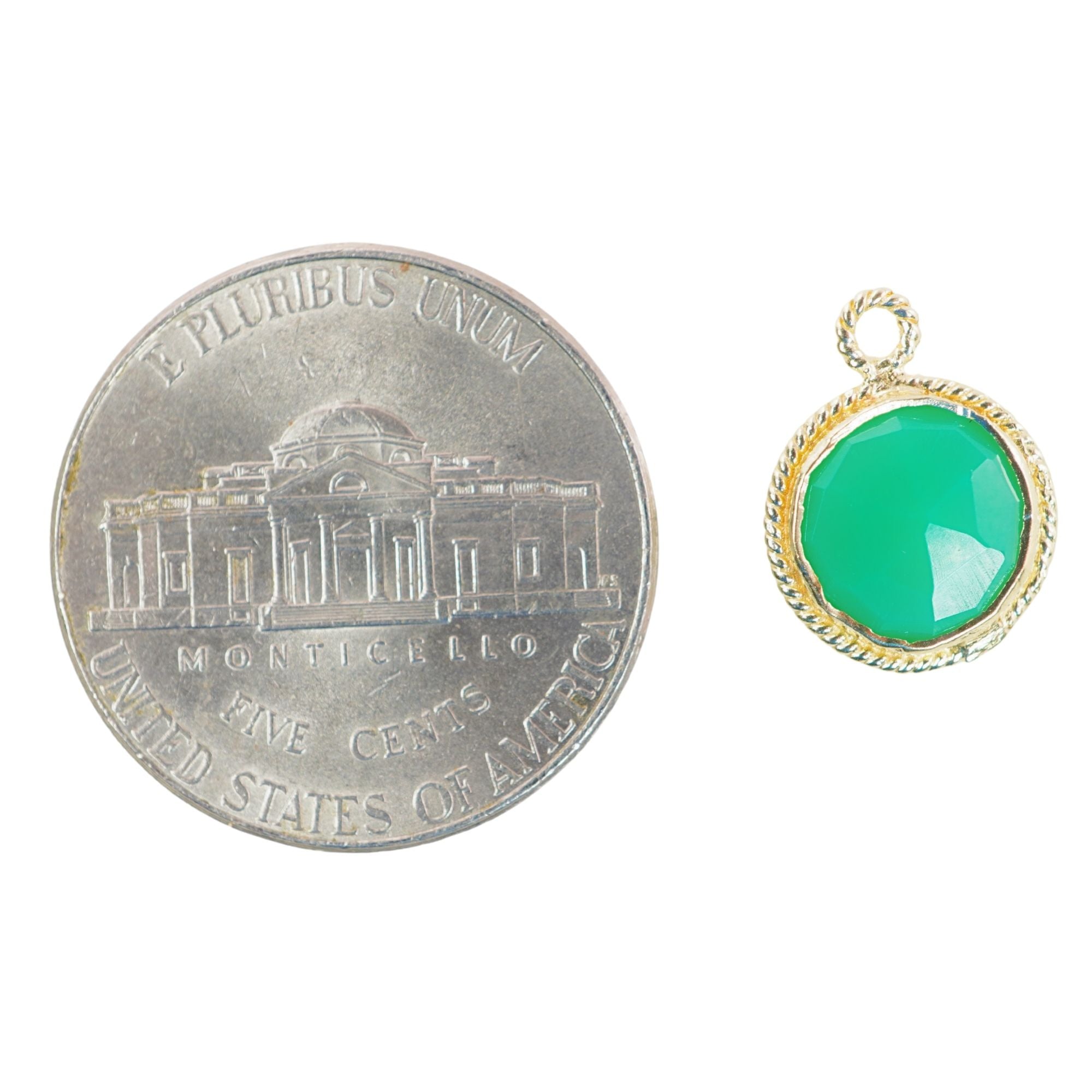 Chrysoprase Chalcedony Round Coin Shape Gemstone Twisted Wire Gold Plated Sterling Silver Bezel Charm Pendant