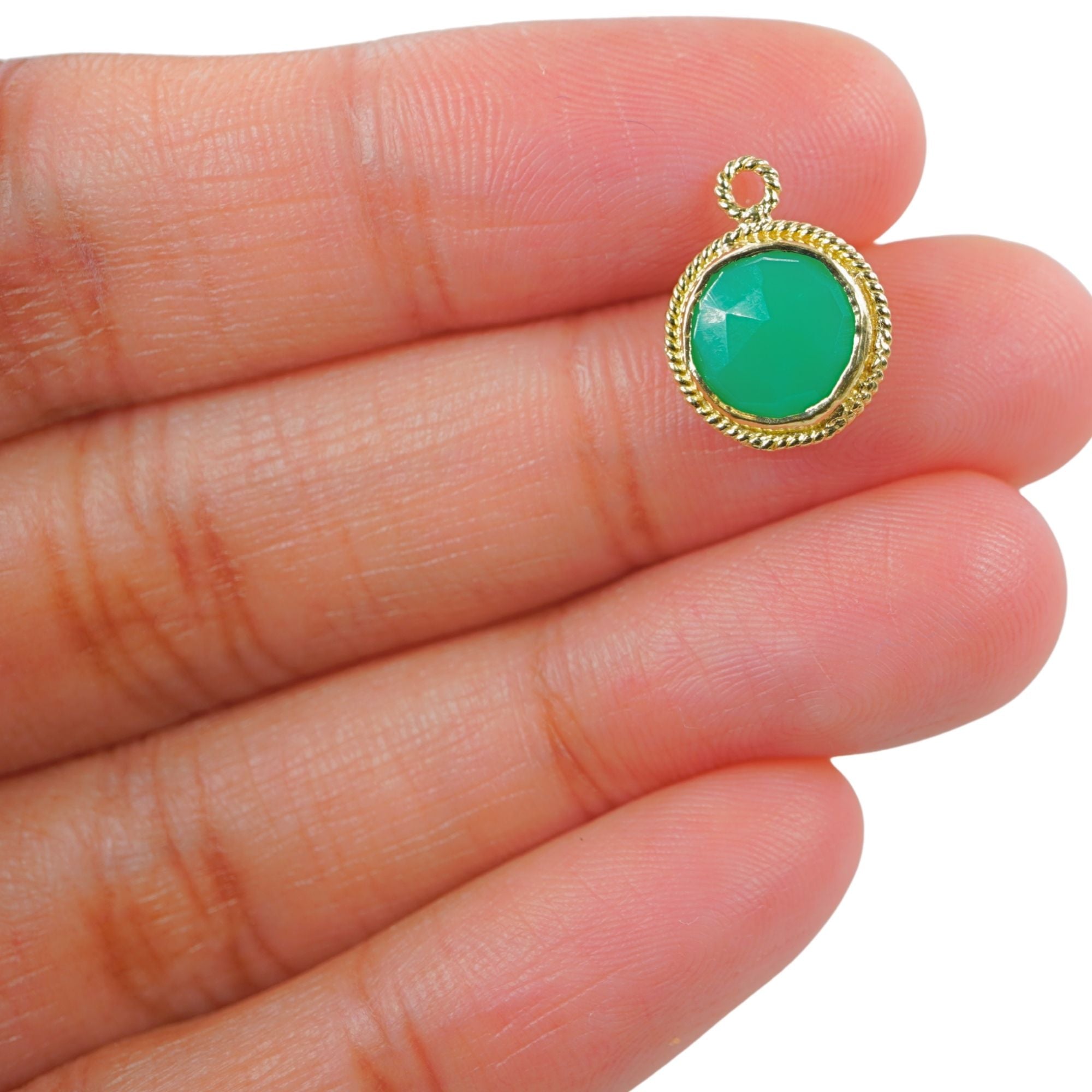 Chrysoprase Chalcedony Round Coin Shape Gemstone Twisted Wire Gold Plated Sterling Silver Bezel Charm Pendant