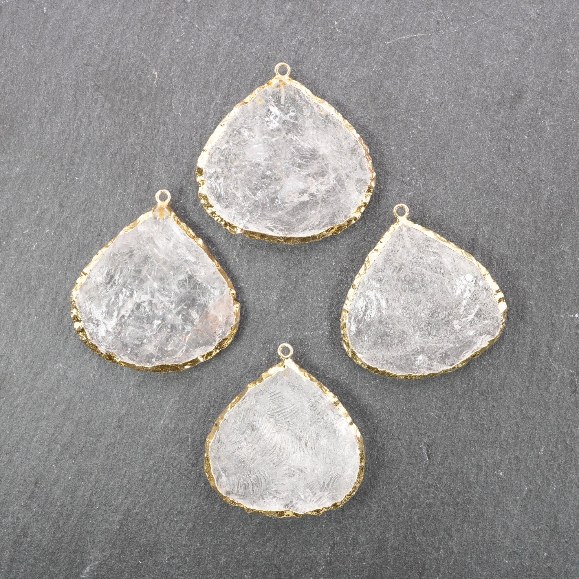 Crystal Quartz Hand Knapped Big Heart Gemstone Gold Electroplated Charm Pendant