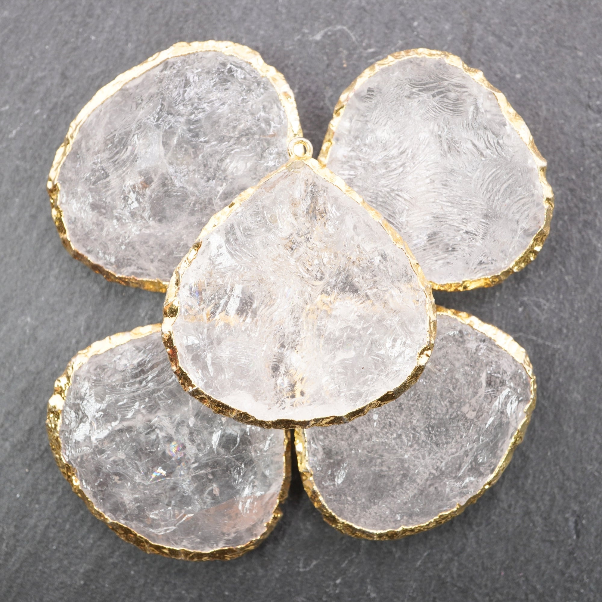 Crystal Quartz Hand Knapped Heart Shape Gemstone Gold Electroplated Charm Pendant