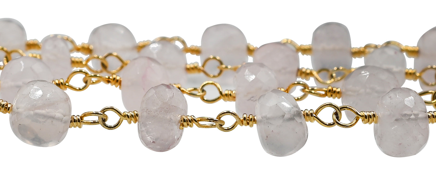 Rose Quartz Faceted Rondelle Brass Gold Plated Wire Wrapped Chain Sold by Foot
