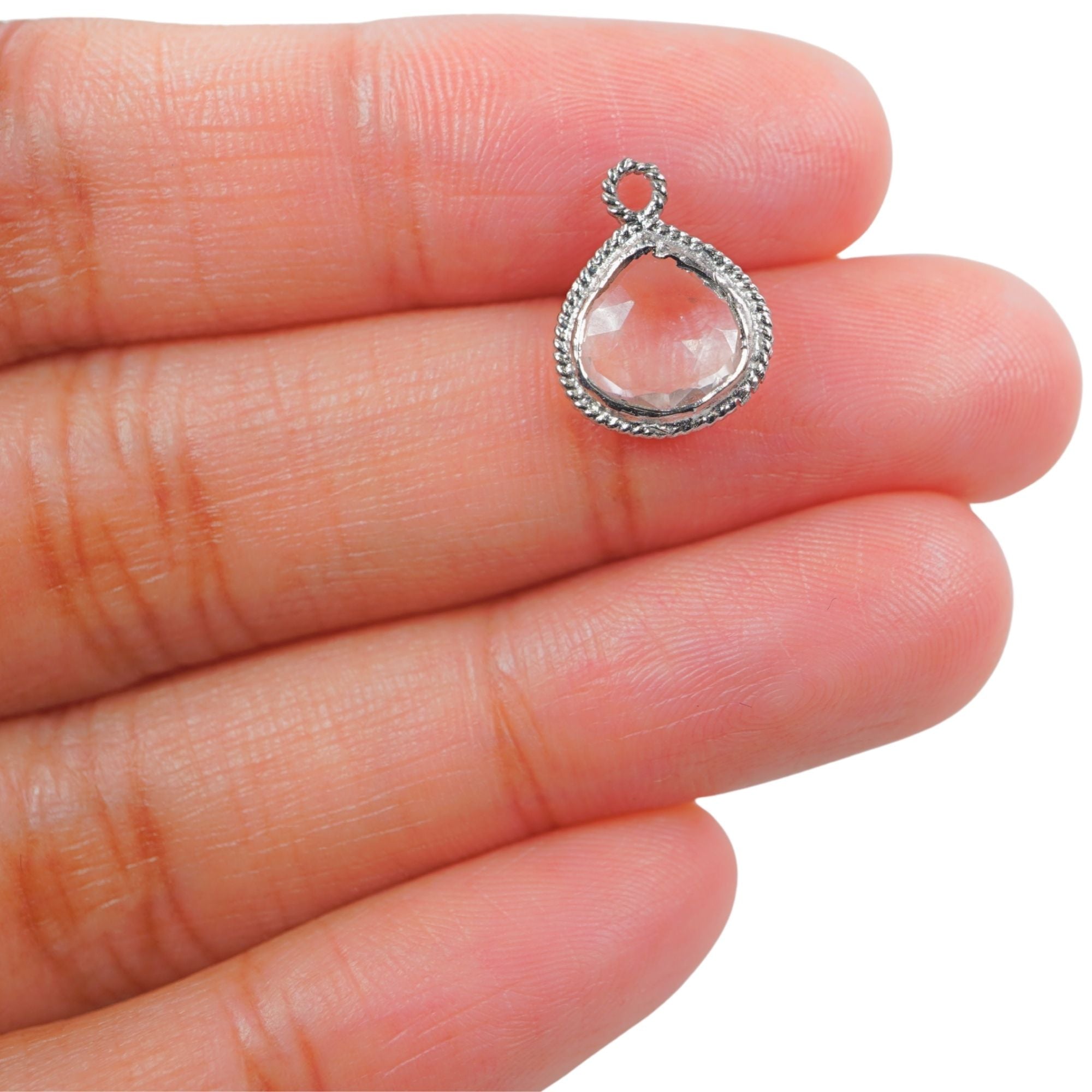 Crystal Quartz Heart Shape Gemstone Twisted Wire Sterling Silver Bezel Charm Pendant