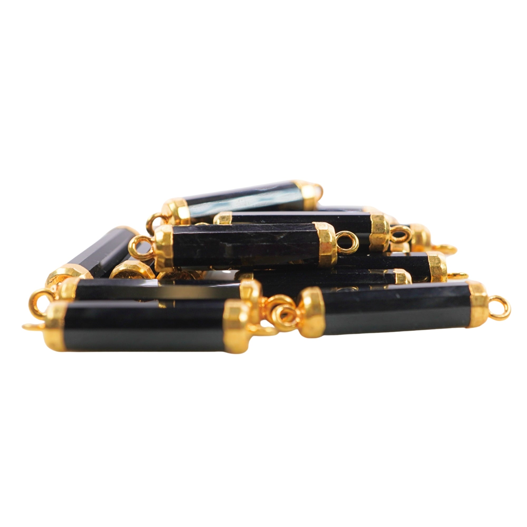 Black Onyx Barrel Shape Gemstone Gold Electroplated Charm Connector