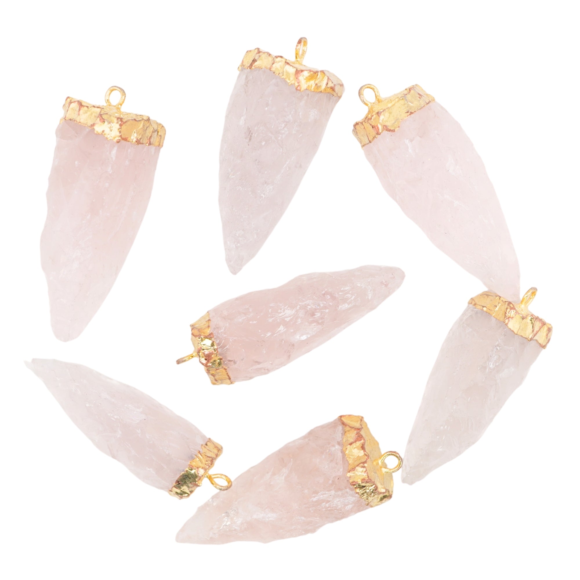 Rose Quartz Cap Tooth Shape Gemstone Gold Electroplated Charm Pendant For Jewelry Making 41 X 17 MM