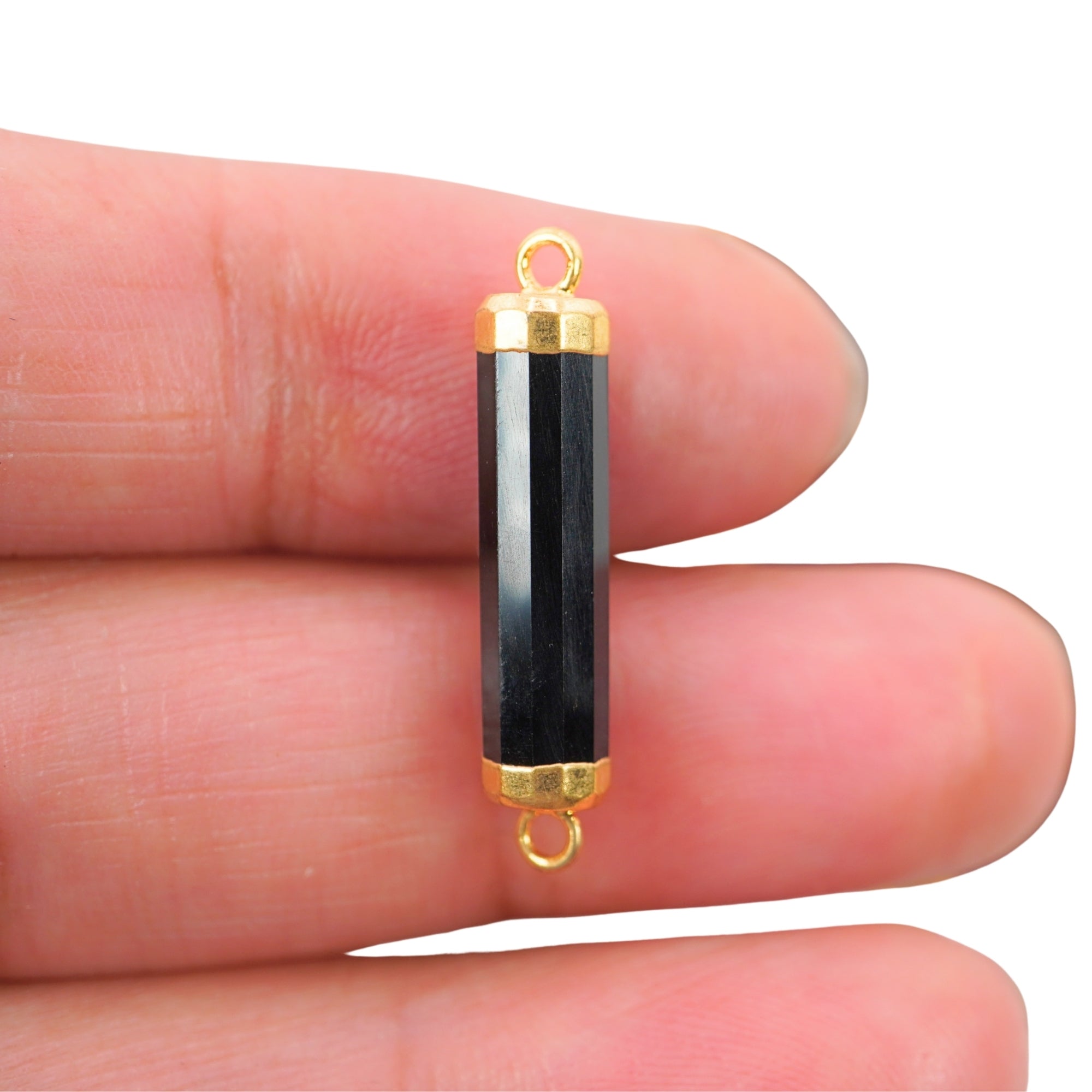 Black Onyx Barrel Shape Gemstone Gold Electroplated Charm Connector