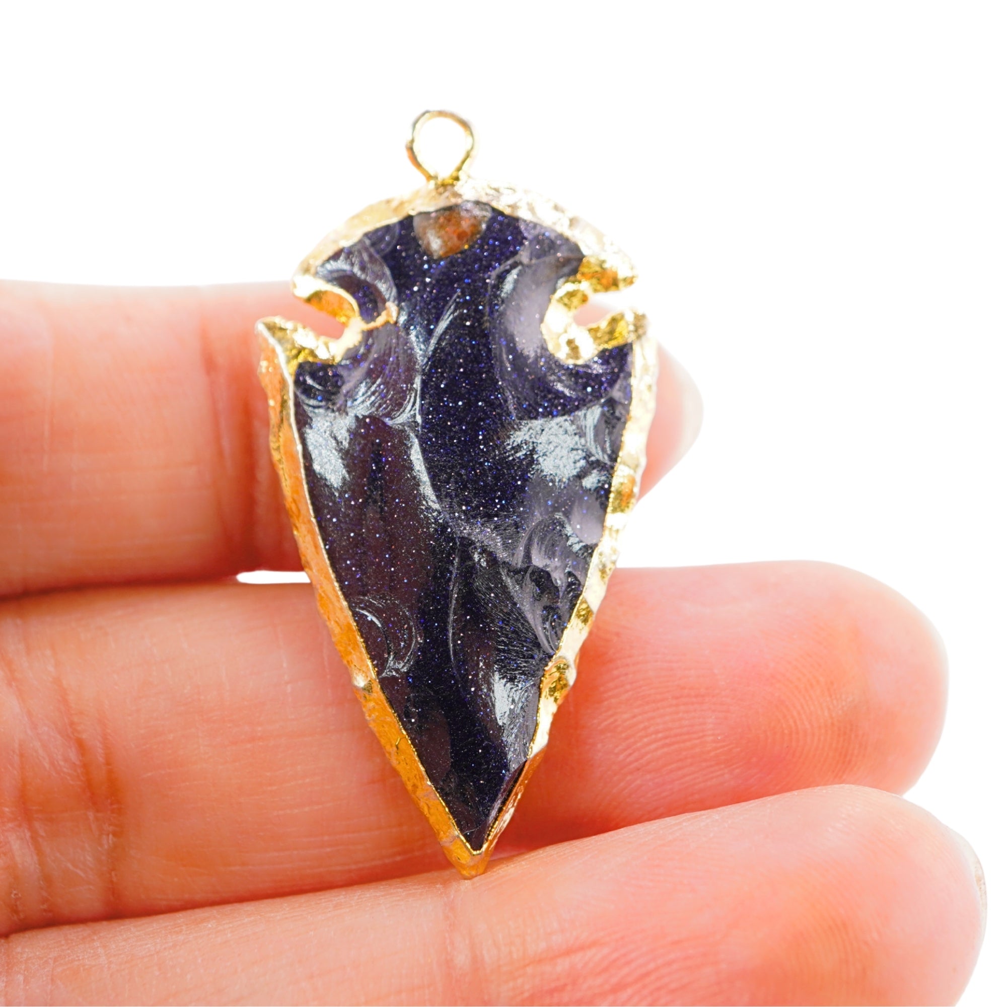 Blue Goldstone Arrowhead Shape Gemstone Gold Electroplated Charm Pendant