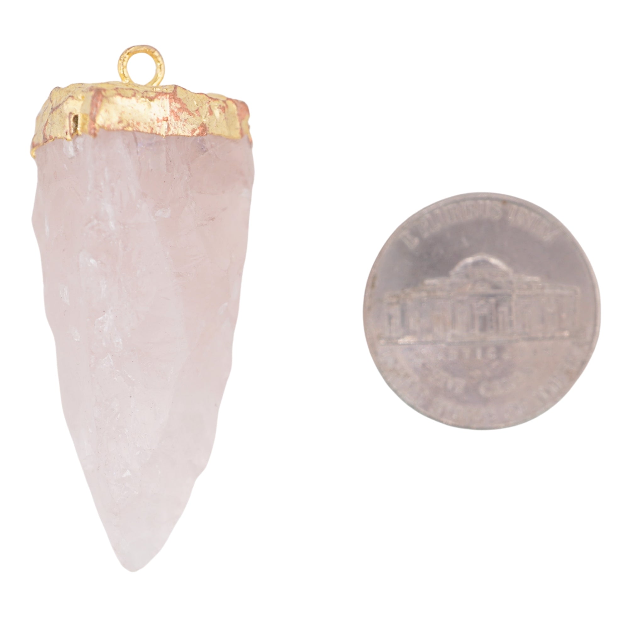 Rose Quartz Cap Tooth Shape Gemstone Gold Electroplated Charm Pendant For Jewelry Making 41 X 17 MM