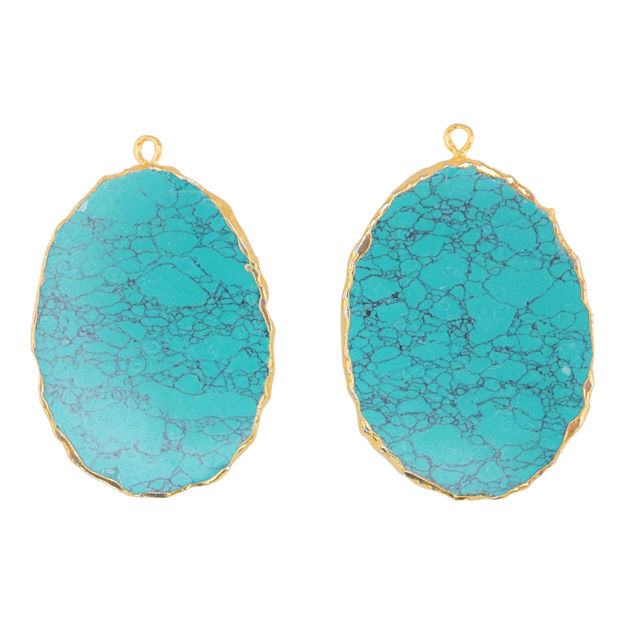 Tibetan Turquoise Manmade Flat Egg Shape Oval Gemstone Gold Electroplated Charm Pendant