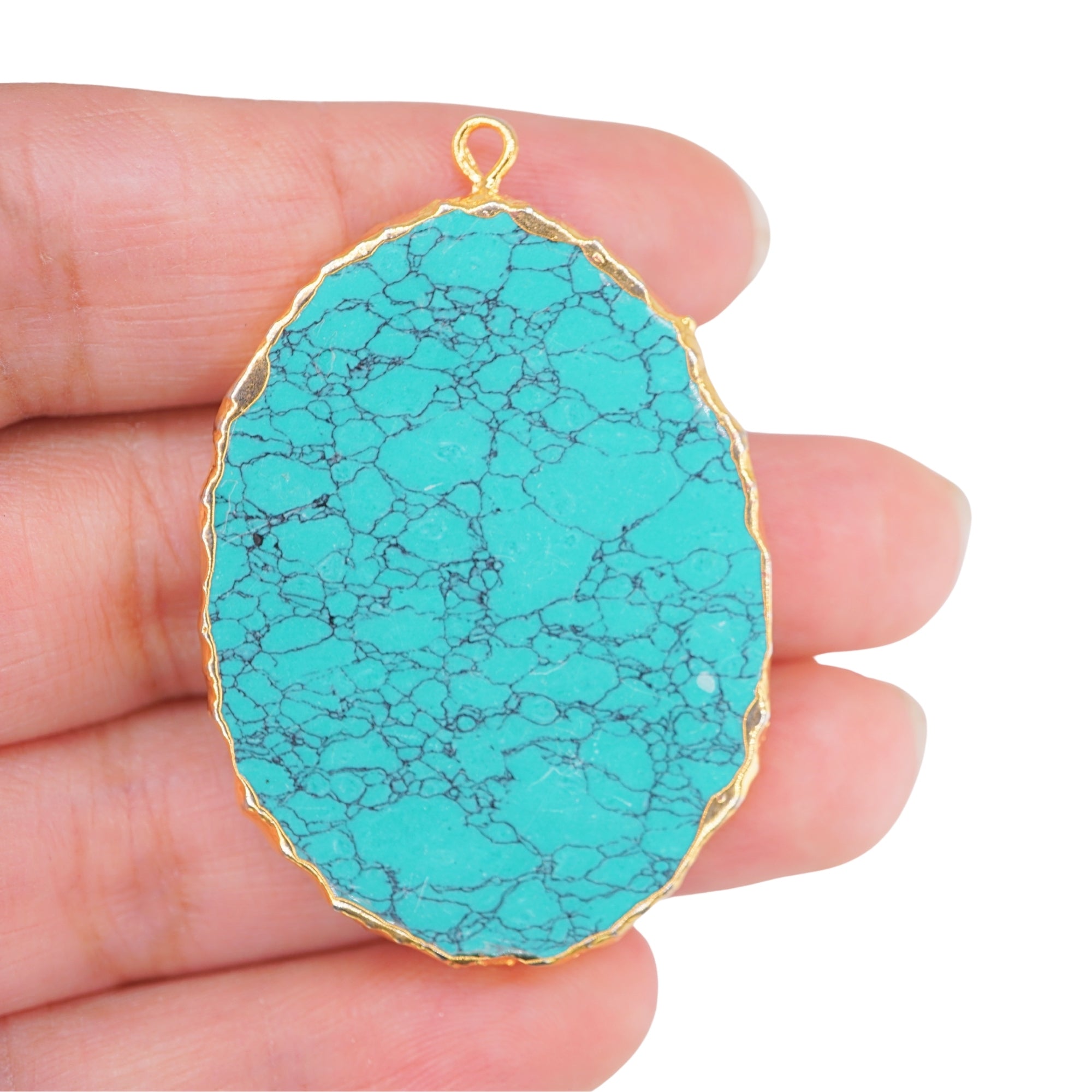 Tibetan Turquoise Manmade Flat Egg Shape Oval Gemstone Gold Electroplated Charm Pendant