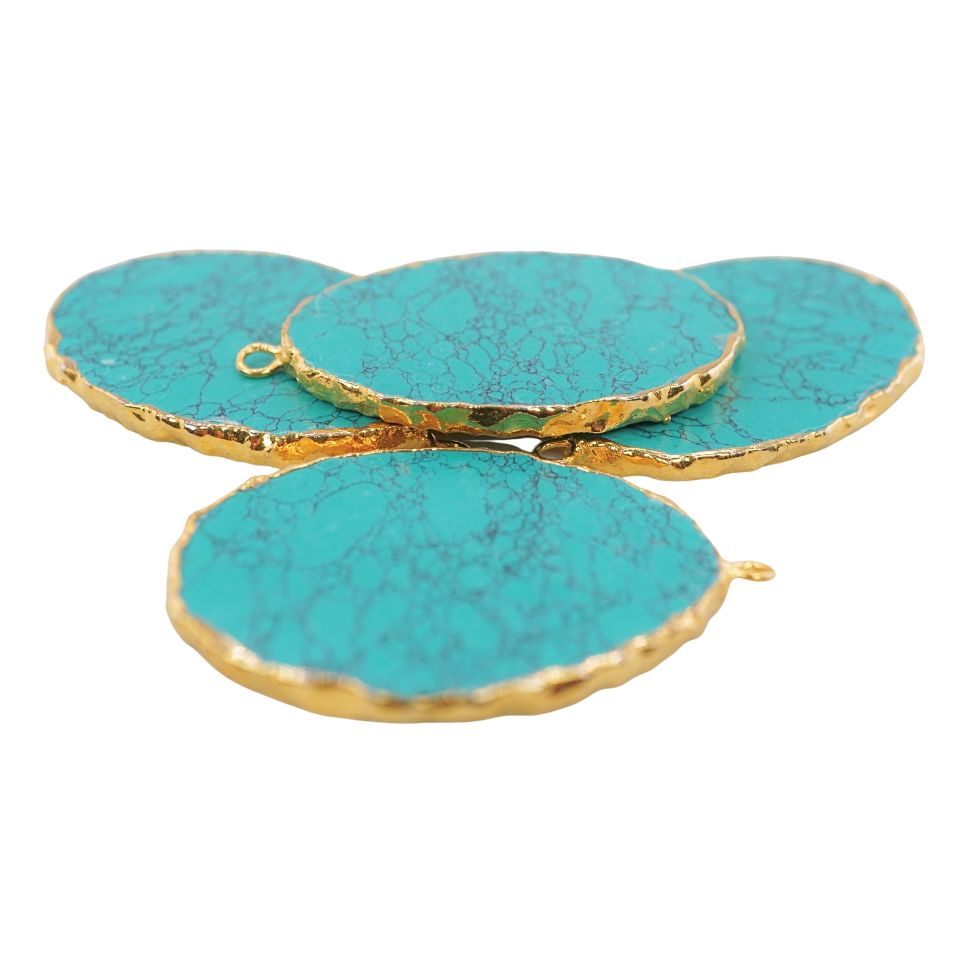 Tibetan Turquoise Manmade Flat Egg Shape Oval Gemstone Gold Electroplated Charm Pendant