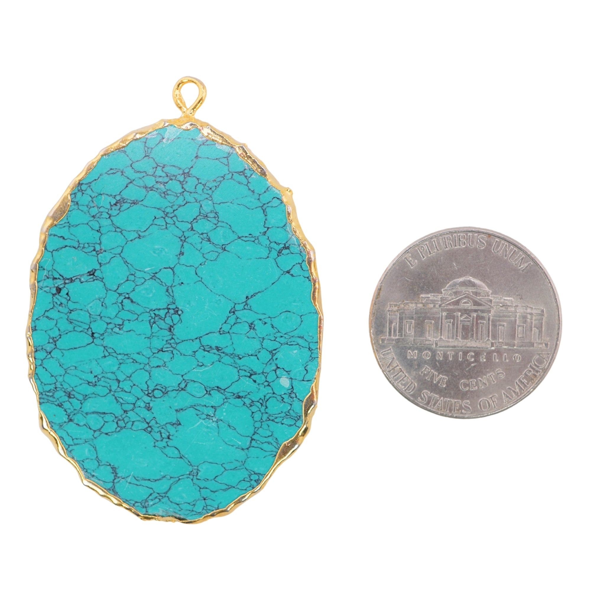 Tibetan Turquoise Manmade Flat Egg Shape Oval Gemstone Gold Electroplated Charm Pendant