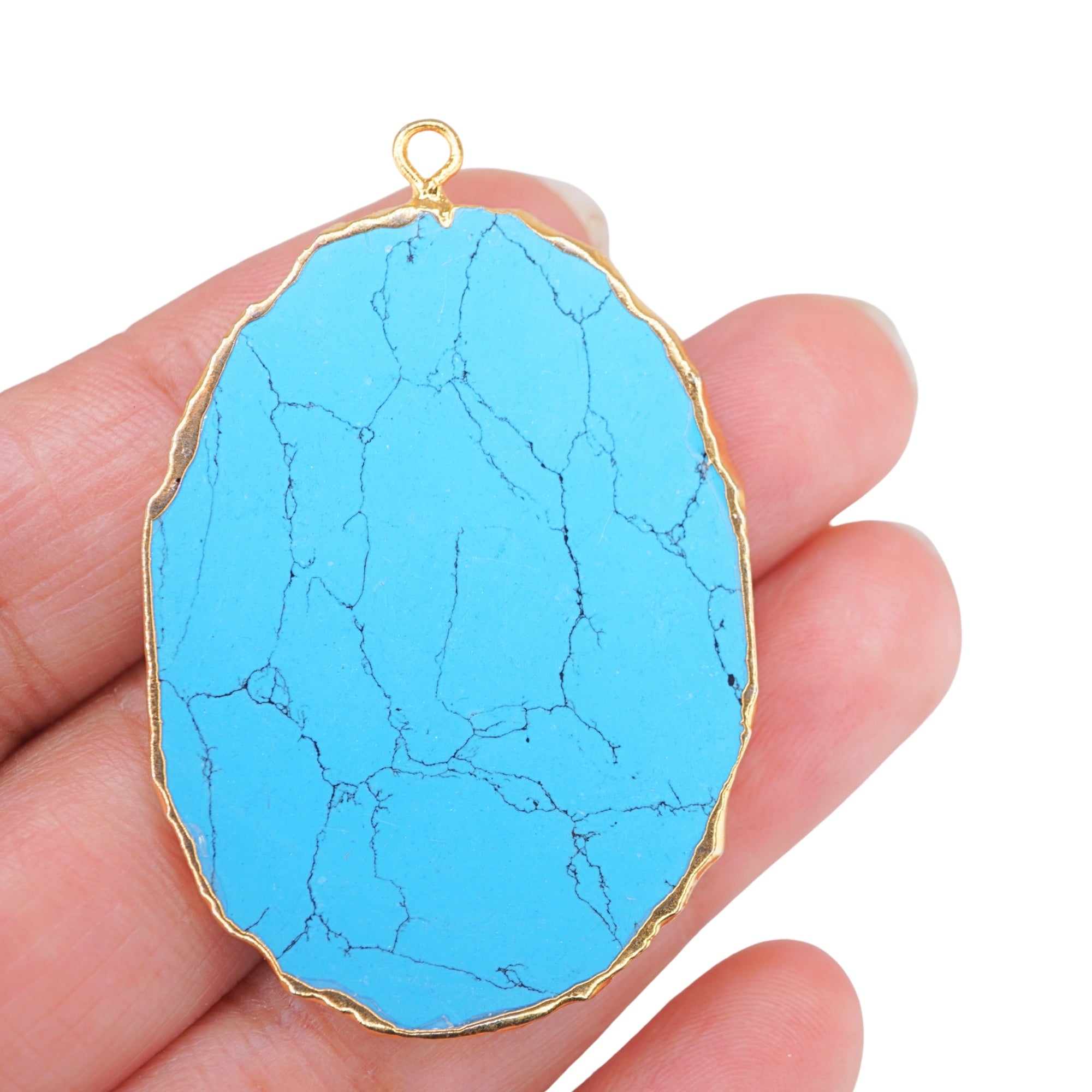 Turquoise With Black Matrix Manmade Flat Egg Shape Oval Gemstone Gold Electroplated Charm Pendant