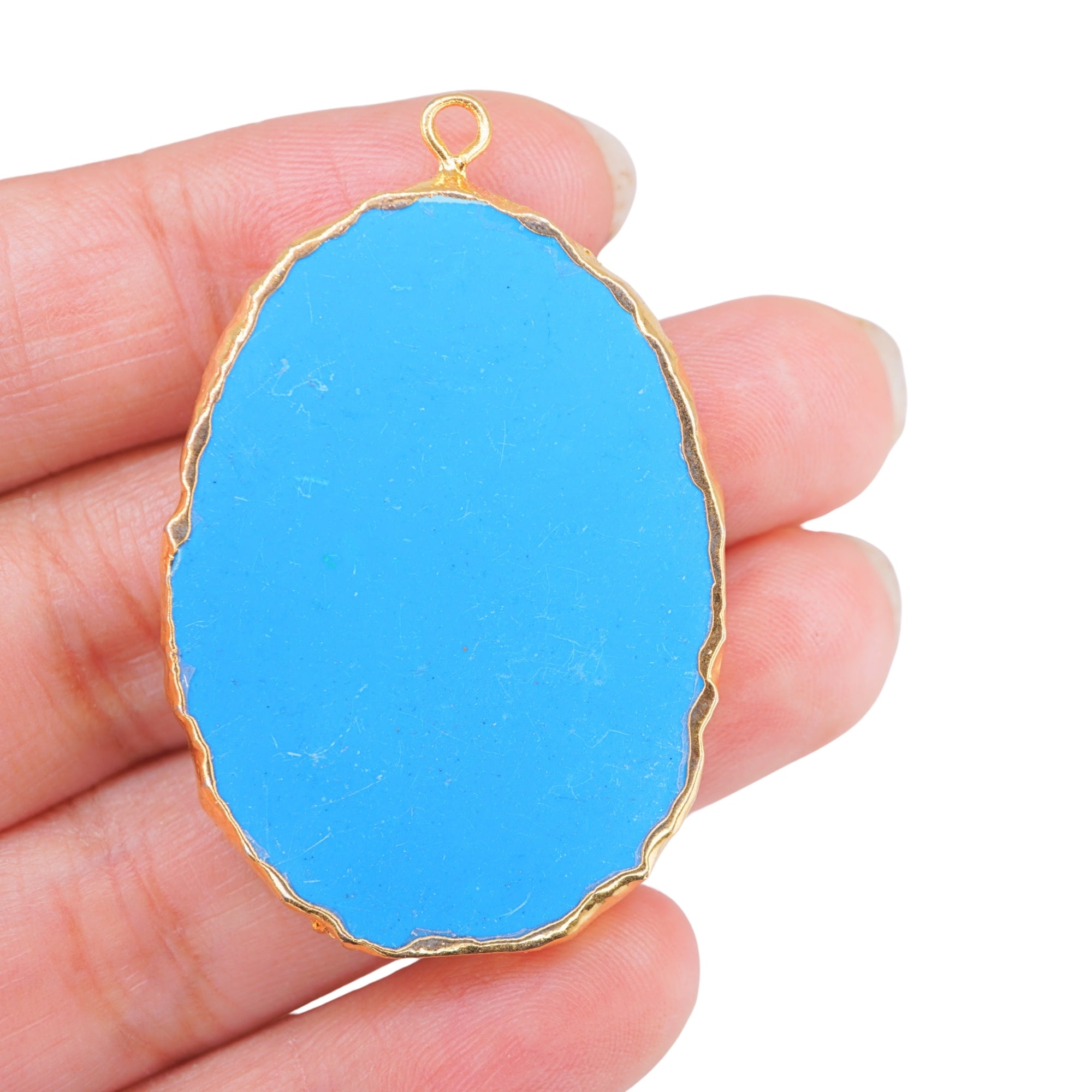 Turquoise Manmade Flat Egg Shape Oval Gemstone Gold Electroplated Charm Pendant