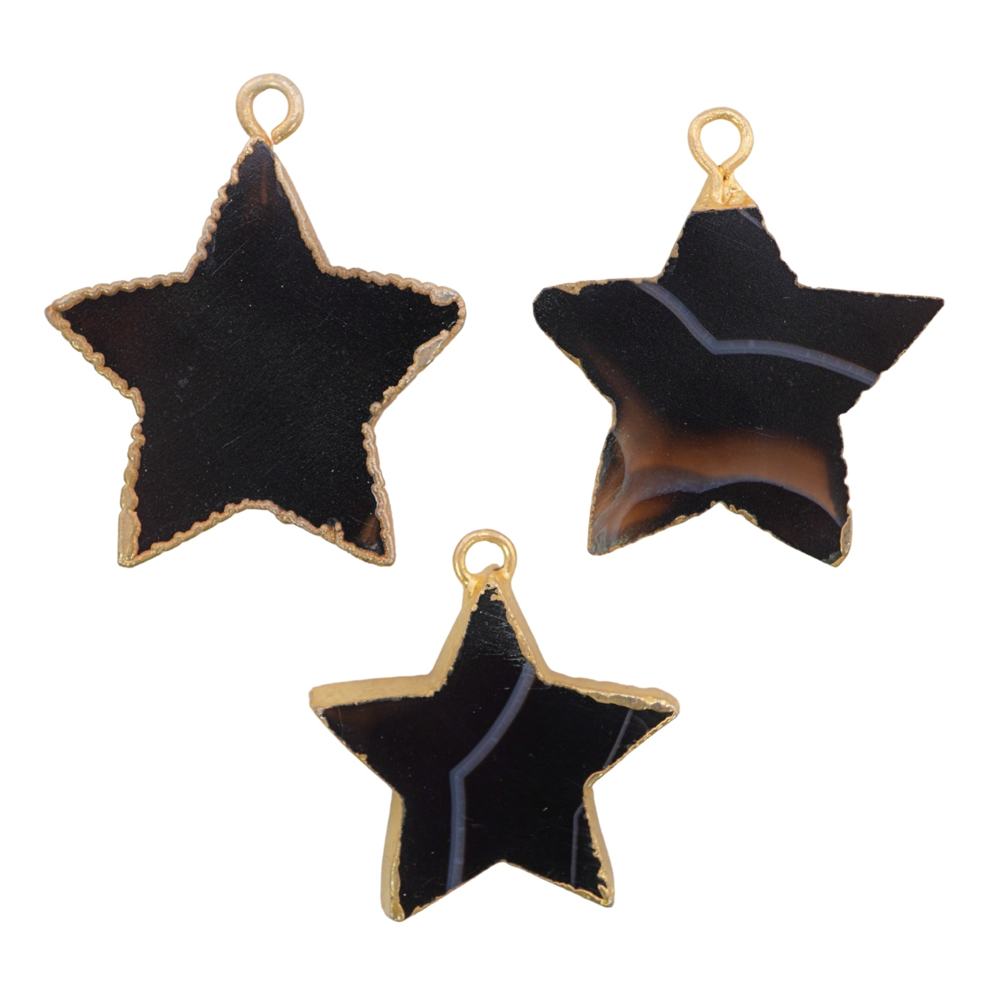 Black Banded Agate Carved Star Gemstone Gold Electroplated Pendant Charm