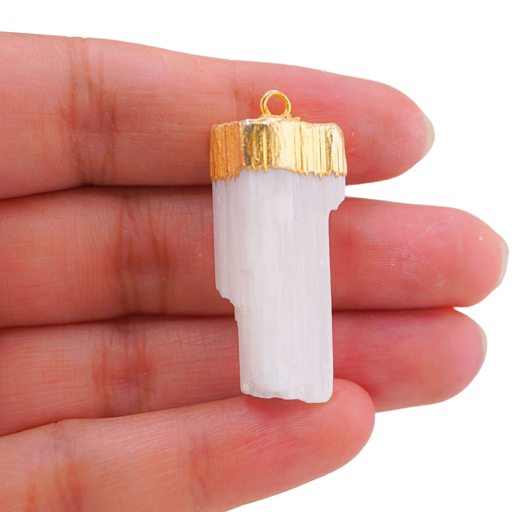Selenite Raw Chunk Capped Gemstone Gold Electroplated Charm Pendant